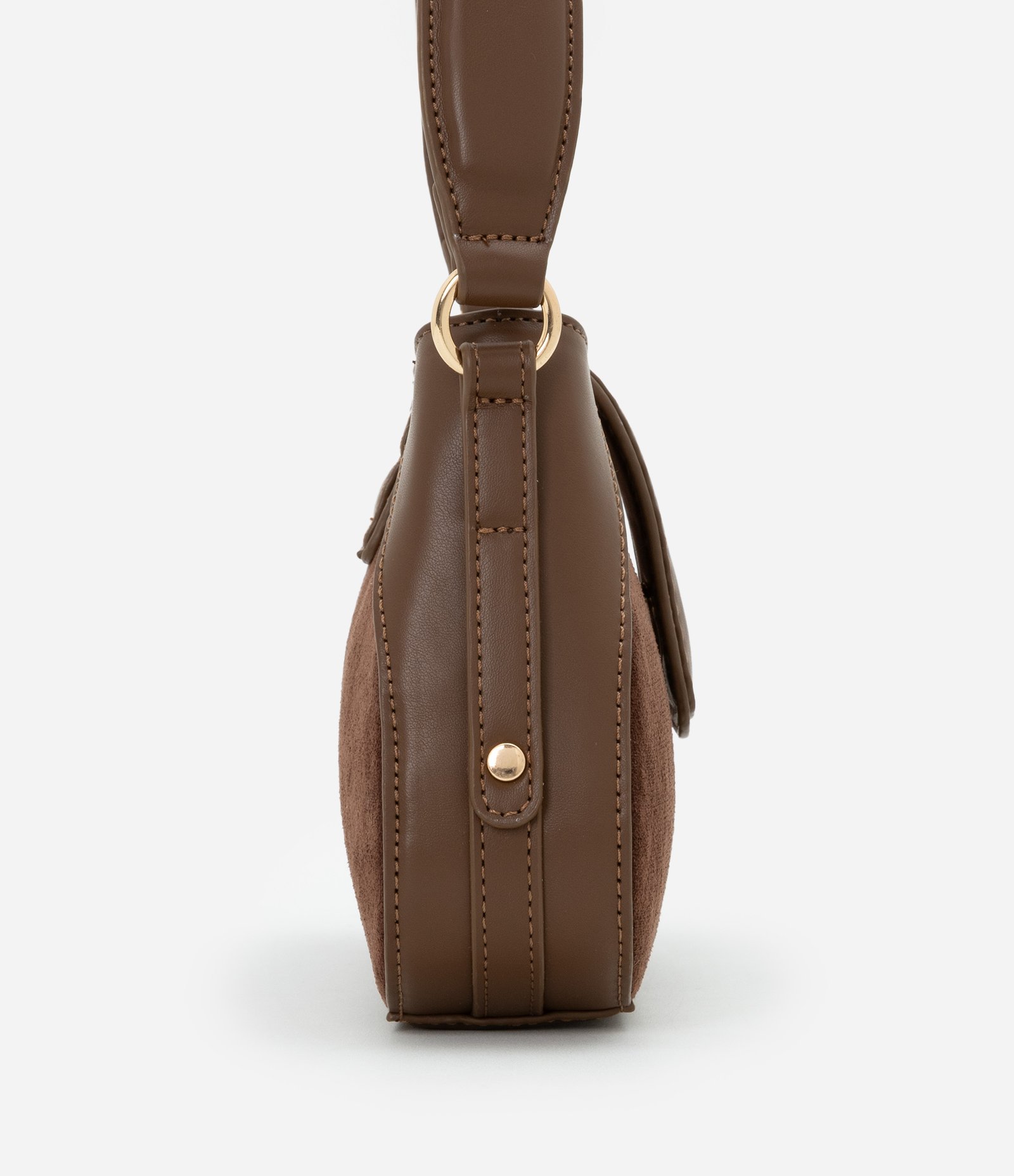 Bolsa Baguete Pequena com Fechamento Lapela e Recortes Marrom 4