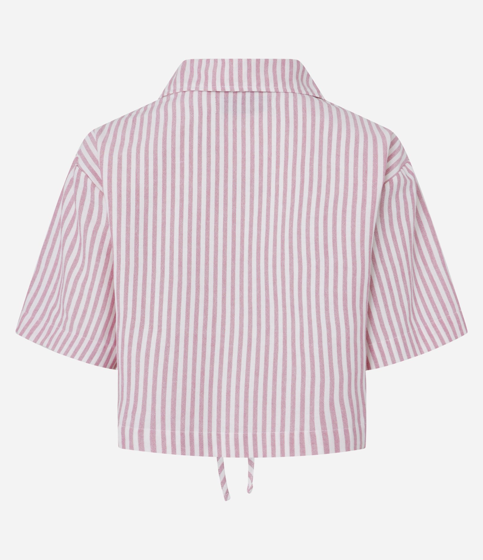 Camisa em Sarja Listradinha com Amarração de Lacinhos Branco/Rosa 6