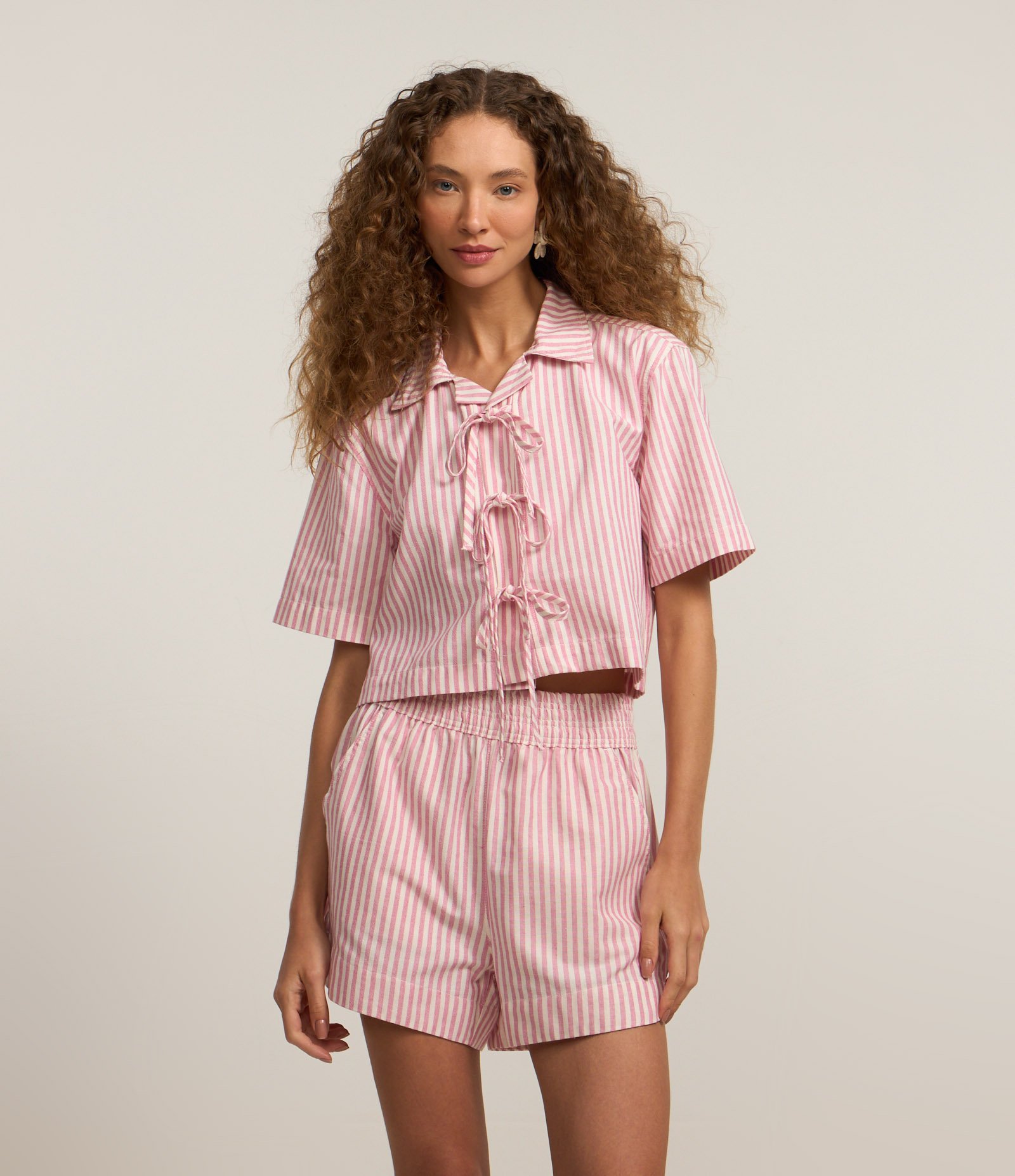 Short Runner em Sarja com Listras e Cós Elástico Rosa 2