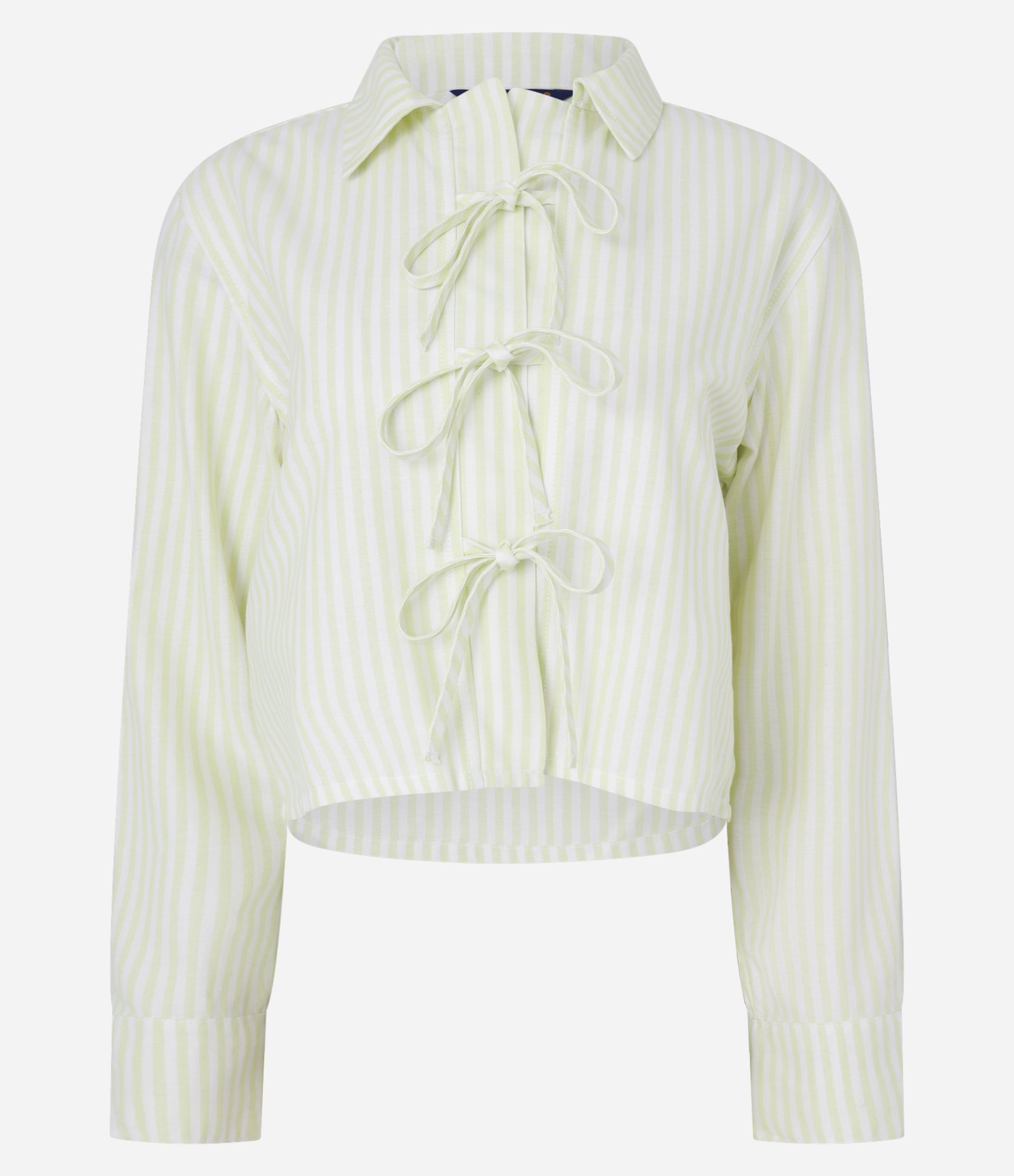 Camisa em Sarja Listradinha com Amarração de Lacinhos Branco/Amarelo 5