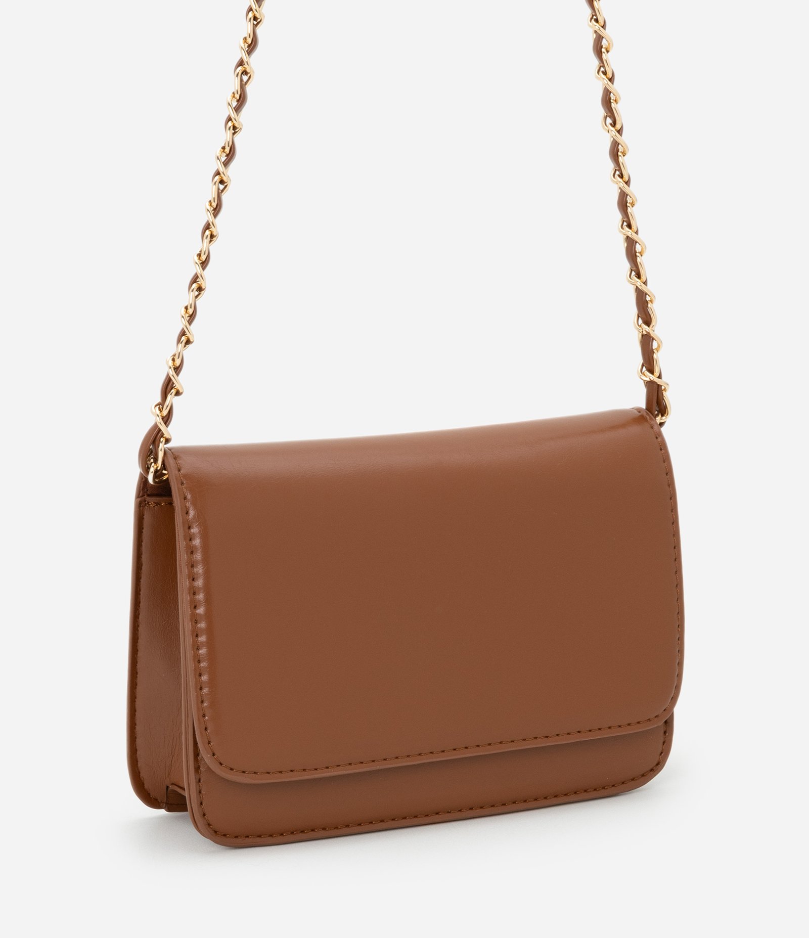 Bolsa Transversal Pequena em PU com Alça Corrente Marrom 1