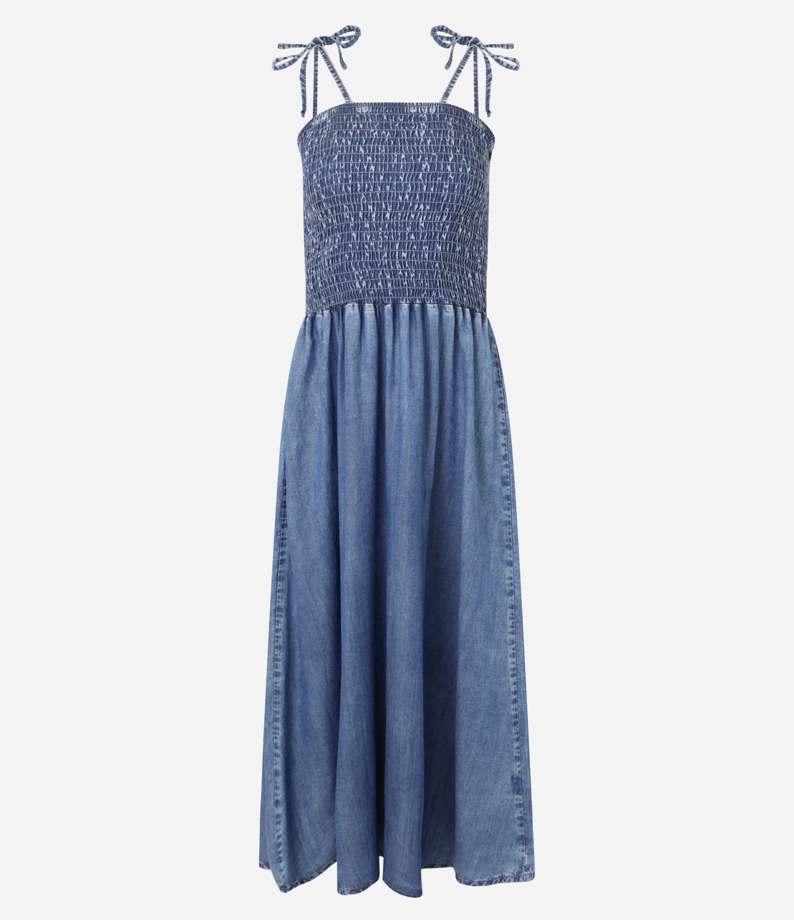 Vestido Midi Jeans com Busto em Lastex com Alça Fina Azul 4