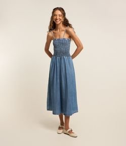 Vestido Midi Jeans com Busto em Lastex com Alça Fina