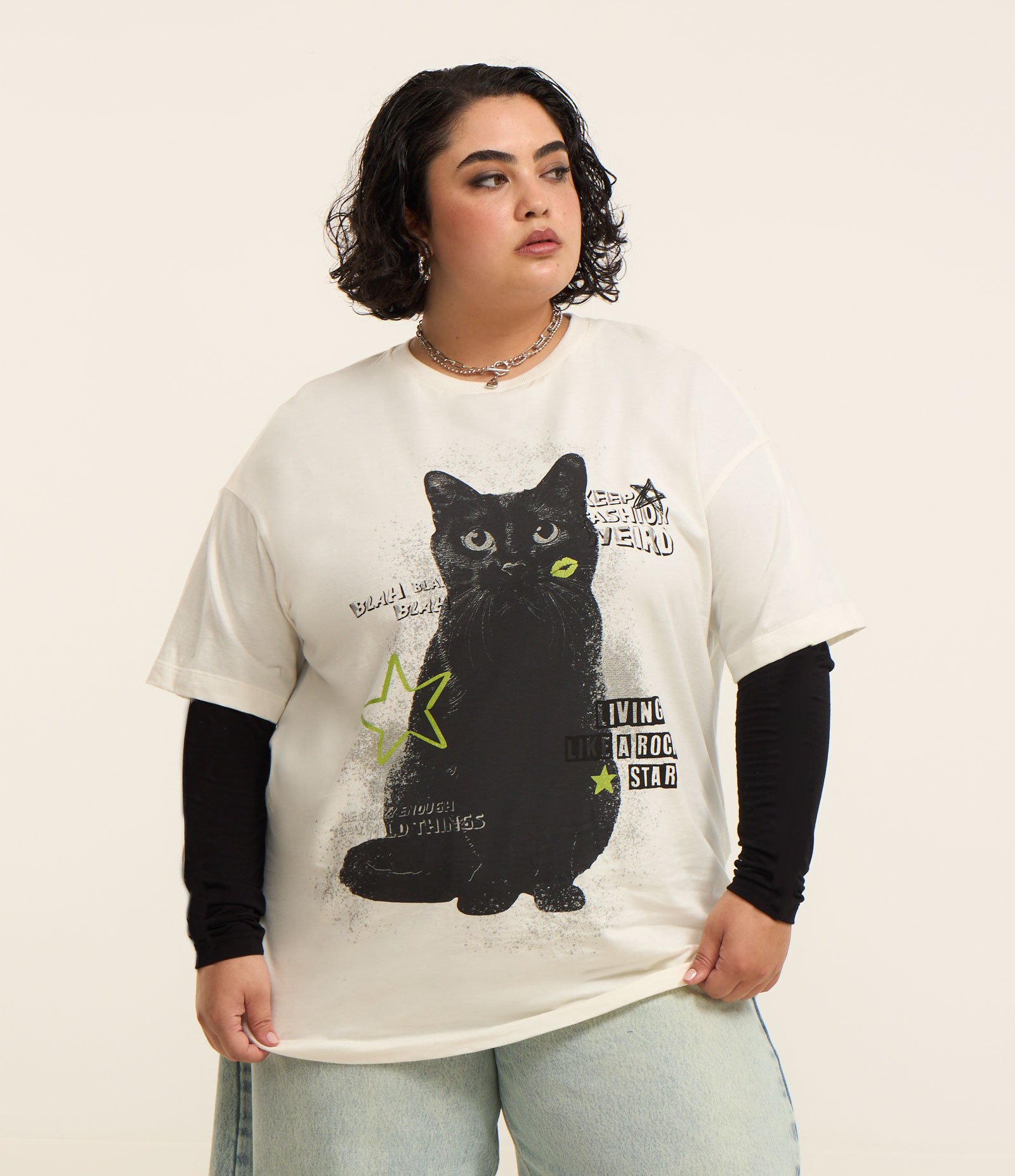 Camiseta em Algodão Estampada de Gatinho Curve & Plus Size Branco 1