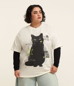 Camiseta em Algodão Estampada de Gatinho Curve & Plus Size