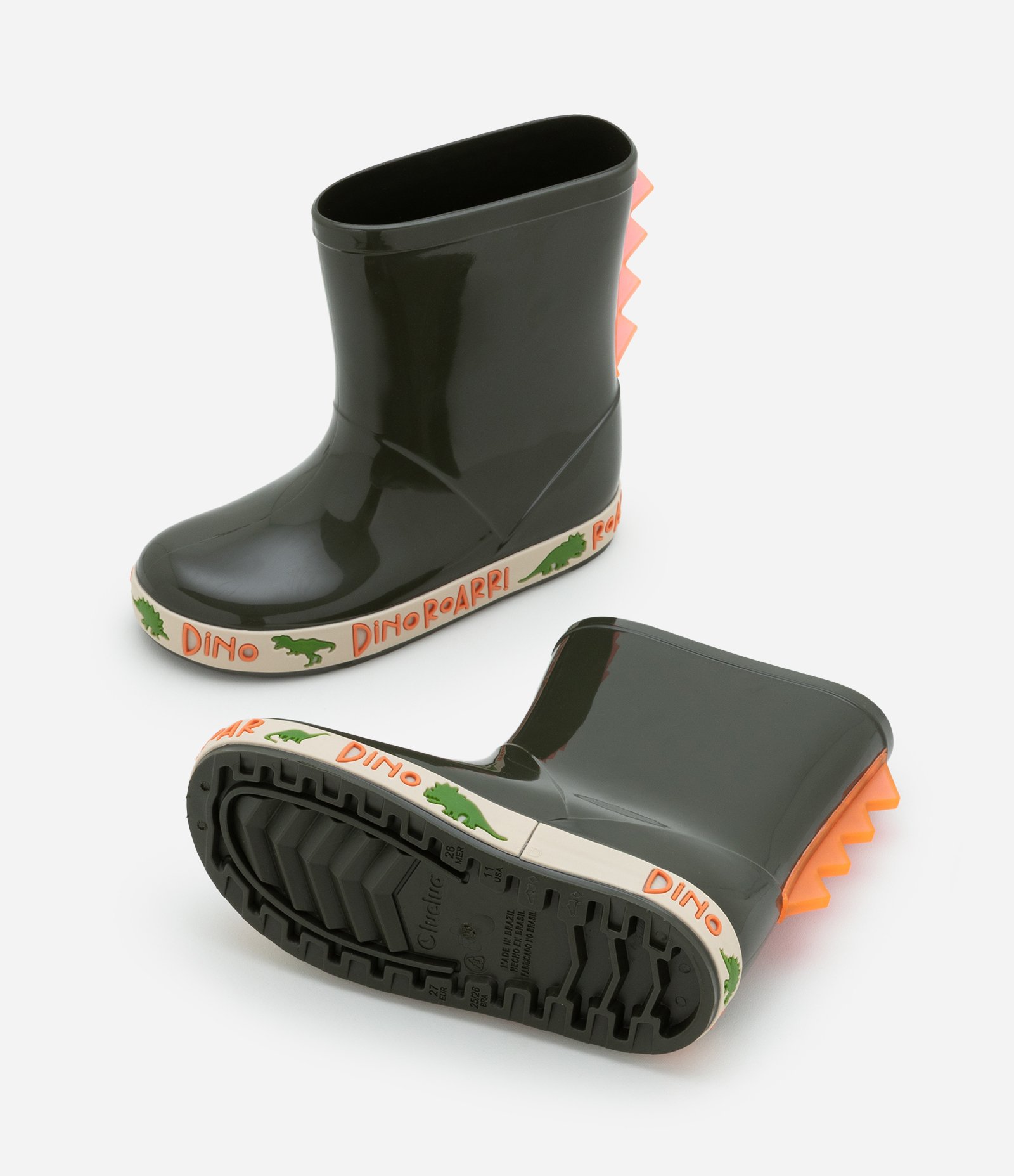 Bota Galocha Infantil com Cristas de Dino em 3D -Tam 21/22 ao 27/28 Verde 3