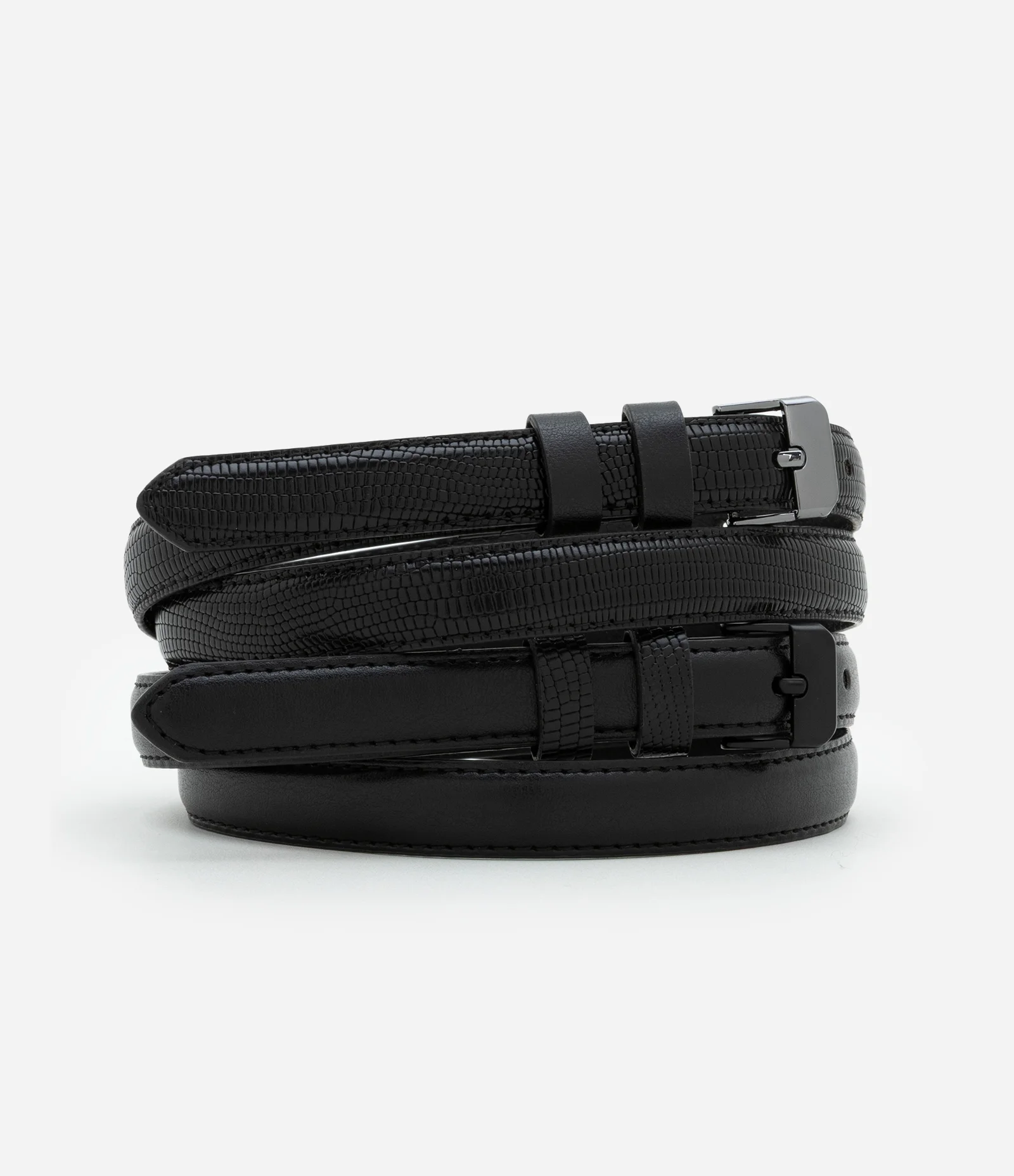 Kit 02 Cintos Finos em PU com Textura Cobra Preto 1