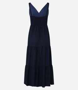 Vestido Midi Evasê em Viscose com Linho com Alça Fina e Babados