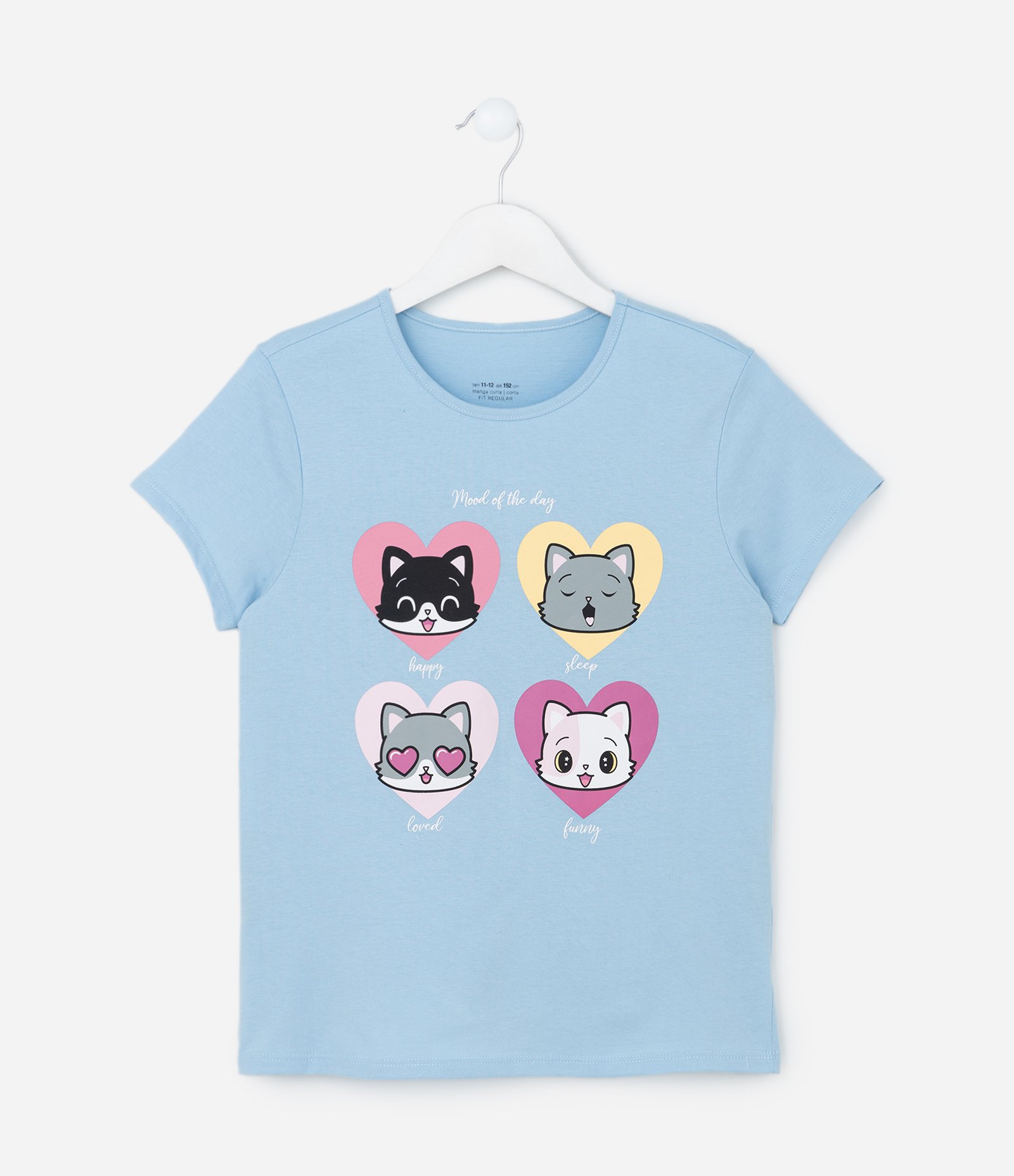 Camiseta Infantil com Estampa Gatinhos - Tam 5 a 14 Anos Azul 1