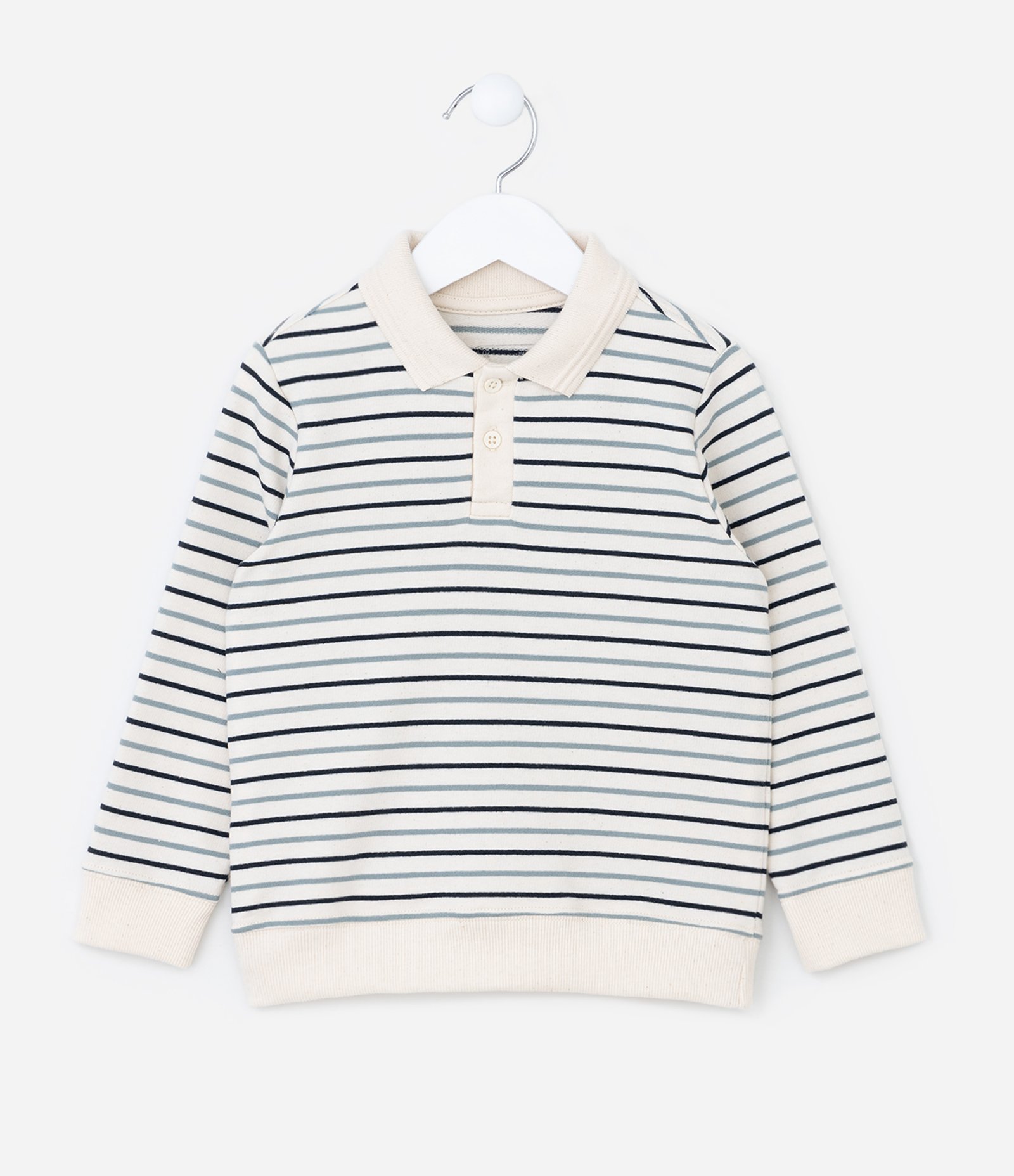 Camiseta Infantil em Moletom com Gola Polo e Listras Fio Tinto - Tam 1 a 5 Anos Off White/Verde/Azul 1