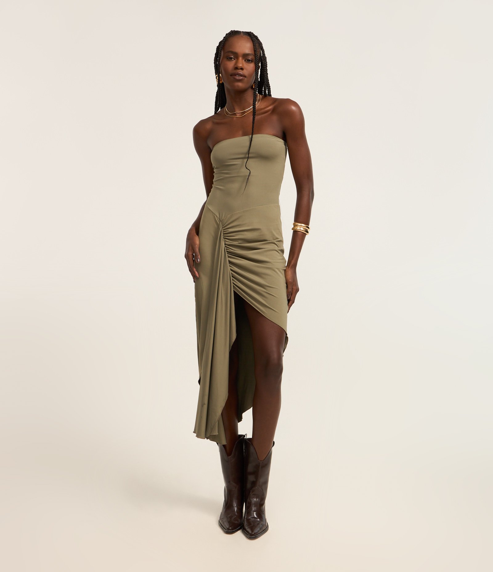 Vestido Boho Midi em Microfibra com Franzido e Fenda Verde 1