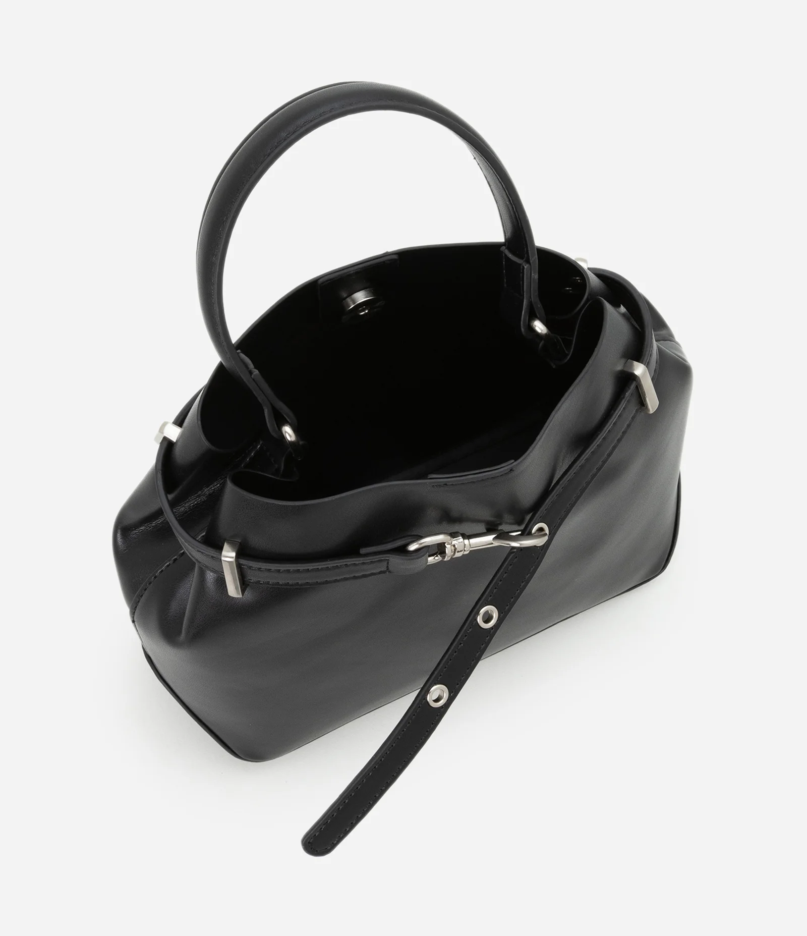 Bolsa Bucket Pequena em PU com Detalhe de Fivela Preto 6
