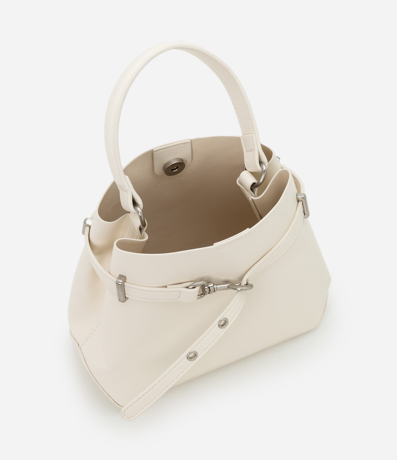 Bolsa Bucket Pequena em PU com Detalhe de Fivela Off White 6