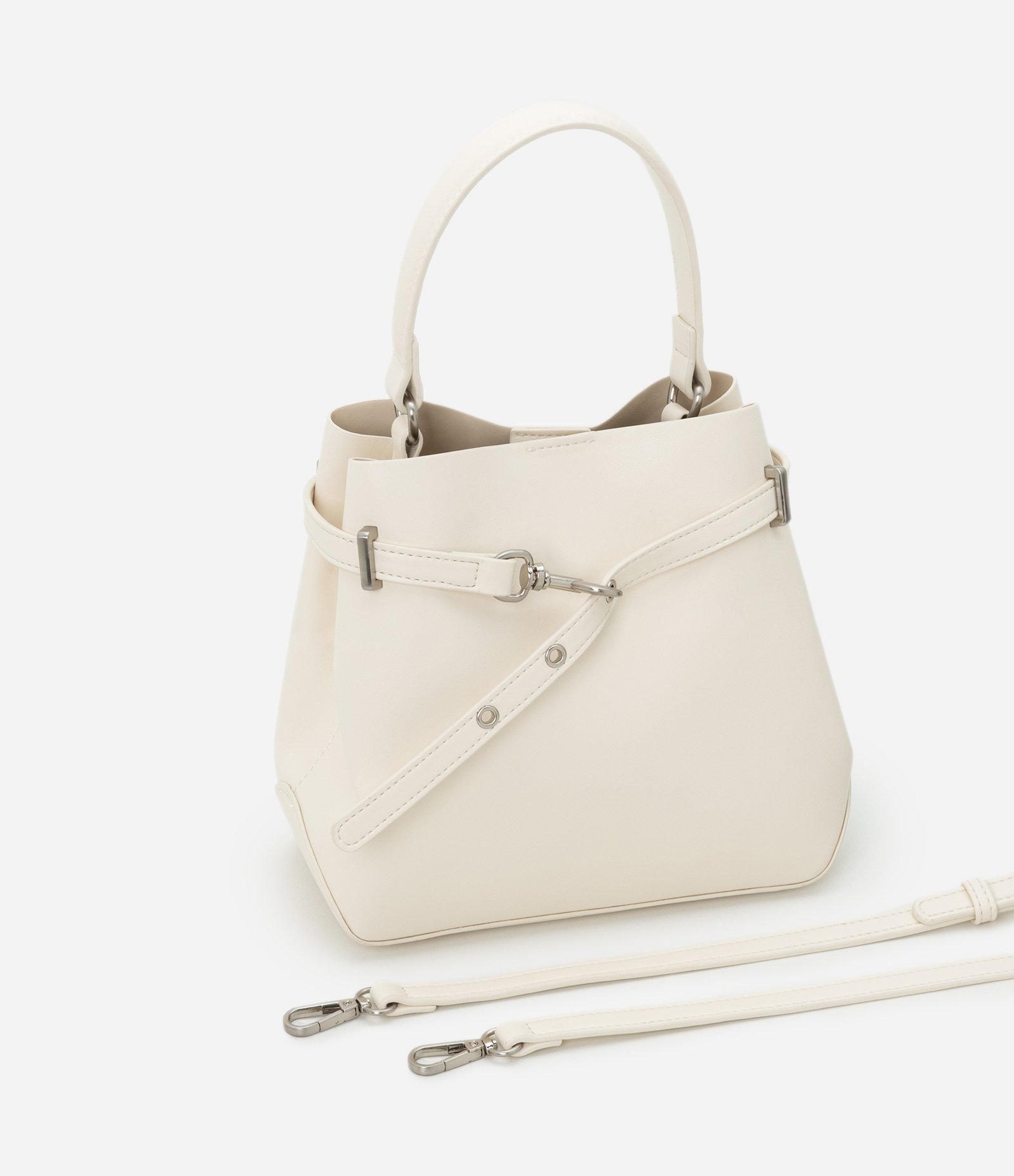 Bolsa Bucket Pequena em PU com Detalhe de Fivela Off White 7