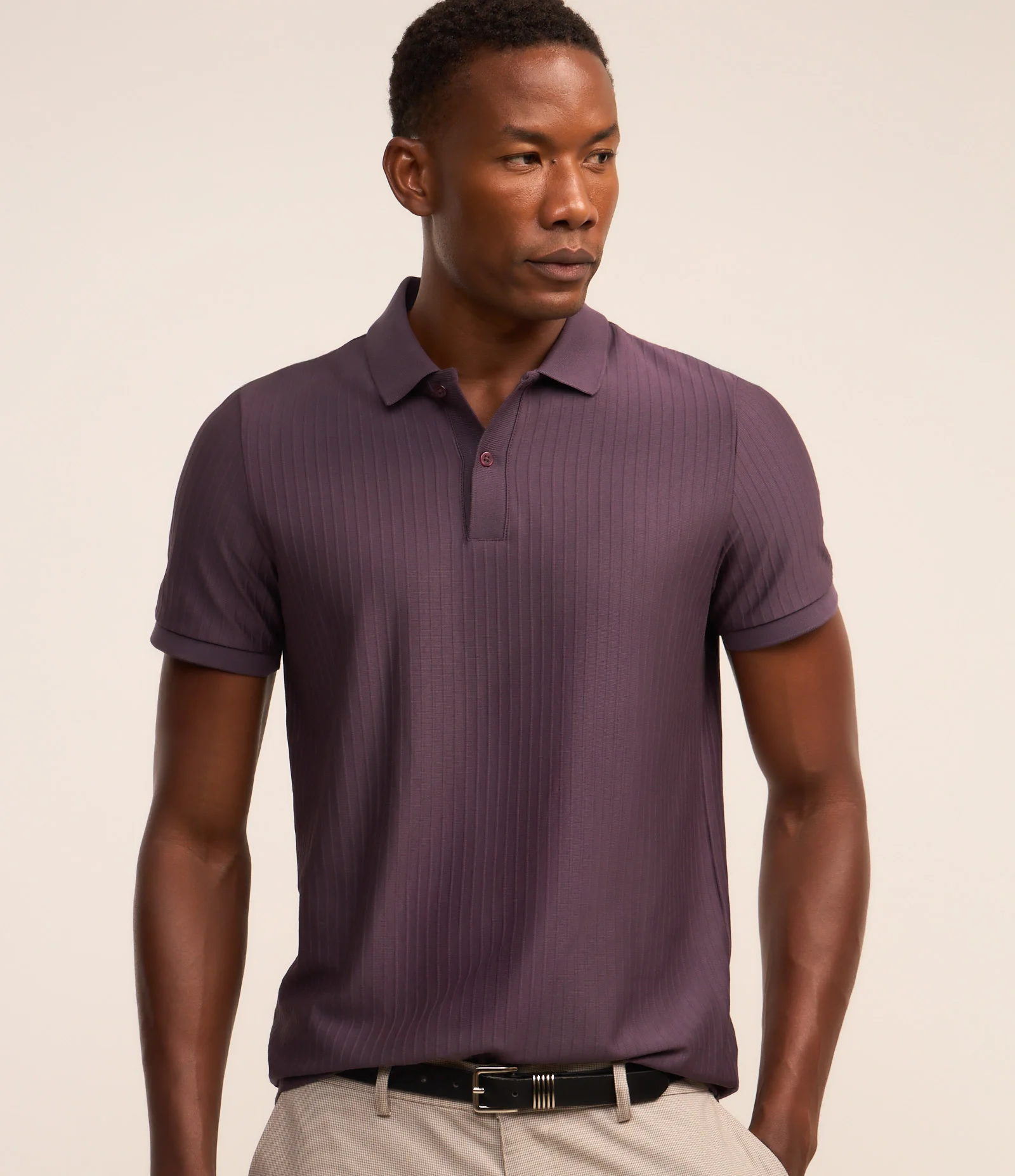 Camisa Polo Slim com Textura Vertical Listrada Roxo 1