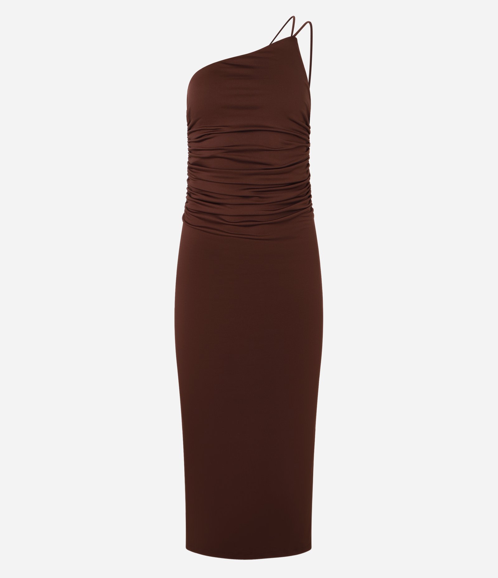 Vestido Midi Metalizado com Um Ombro Só e Alcinhas Duplas Marrom Chocolate 5
