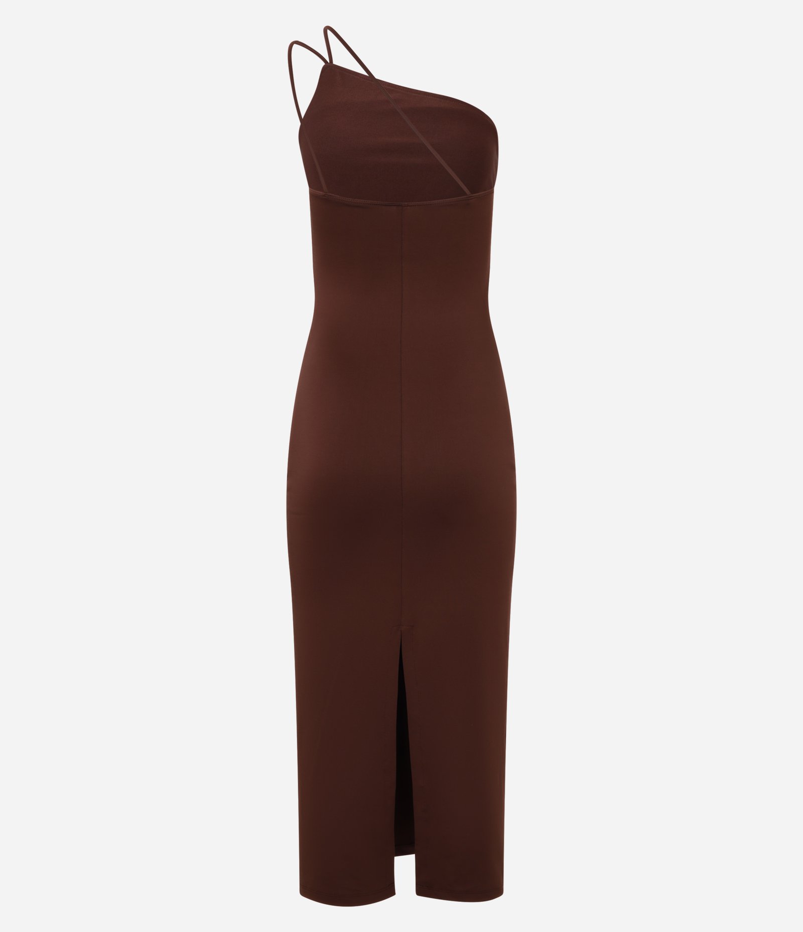 Vestido Midi Metalizado com Um Ombro Só e Alcinhas Duplas Marrom Chocolate 6