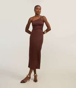Vestido Midi Metalizado com Um Ombro Só e Alcinhas Duplas
