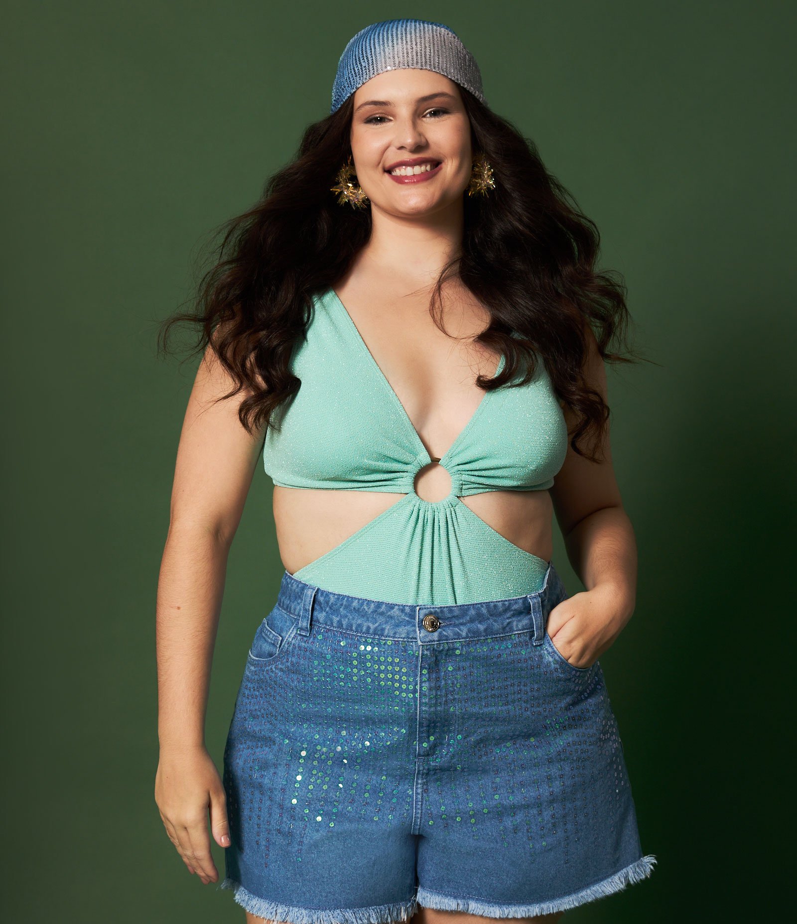 Maiô em Poliamida com Fio Metalizado e Aro Curve & Plus Size Verde Turquesa 1