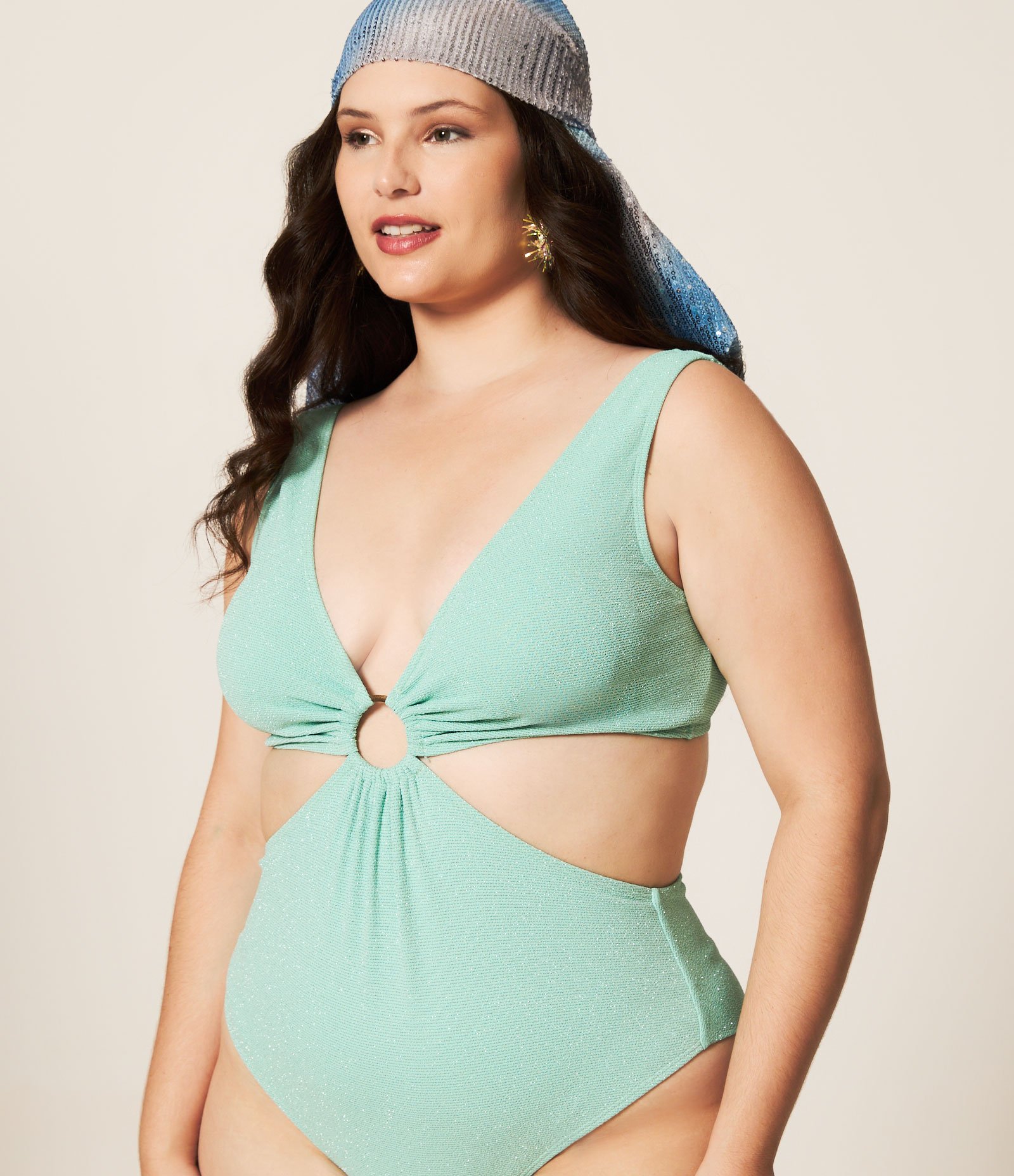 Maiô em Poliamida com Fio Metalizado e Aro Curve & Plus Size Verde Turquesa 2