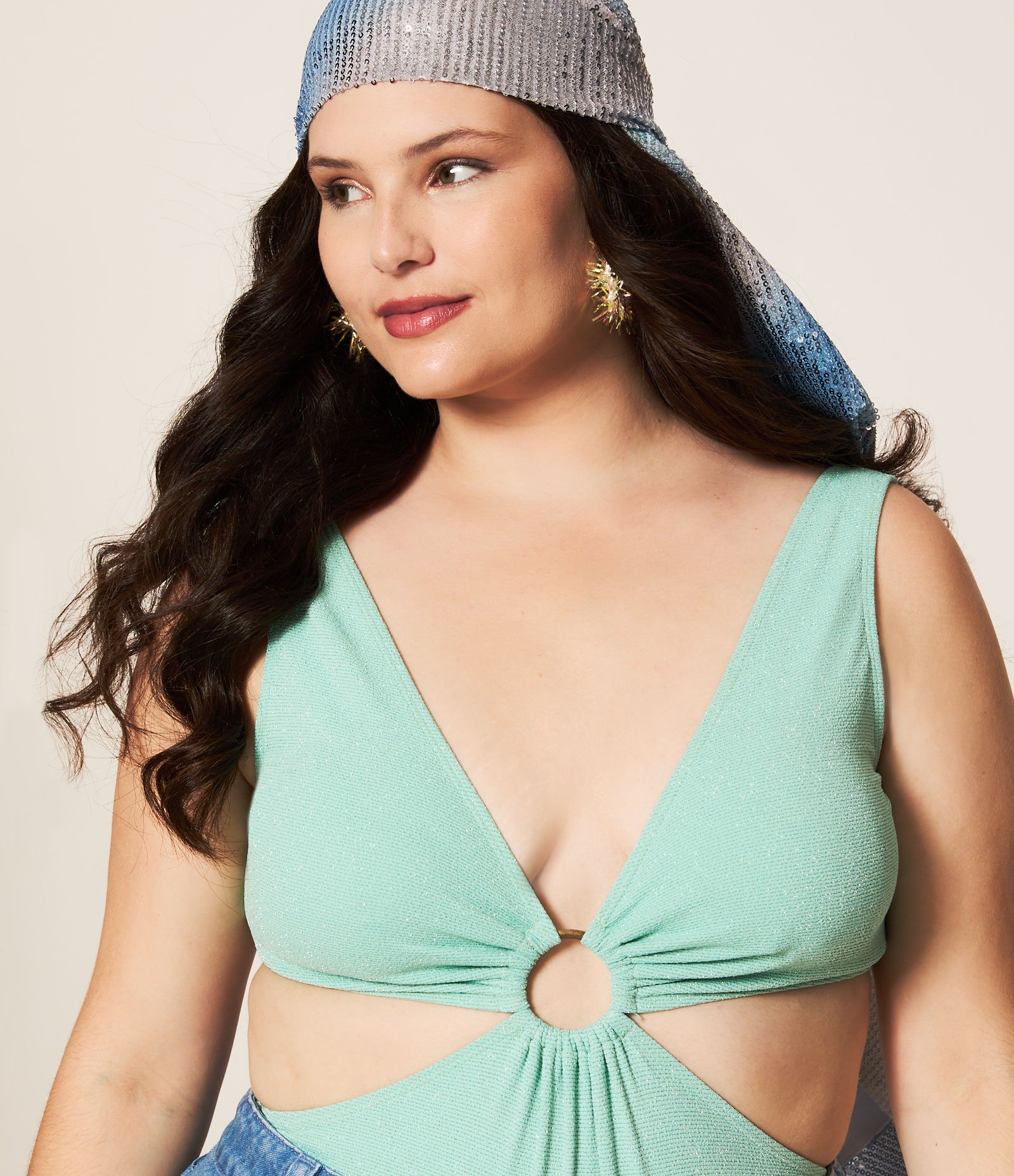 Maiô em Poliamida com Fio Metalizado e Aro Curve & Plus Size Verde Turquesa 5