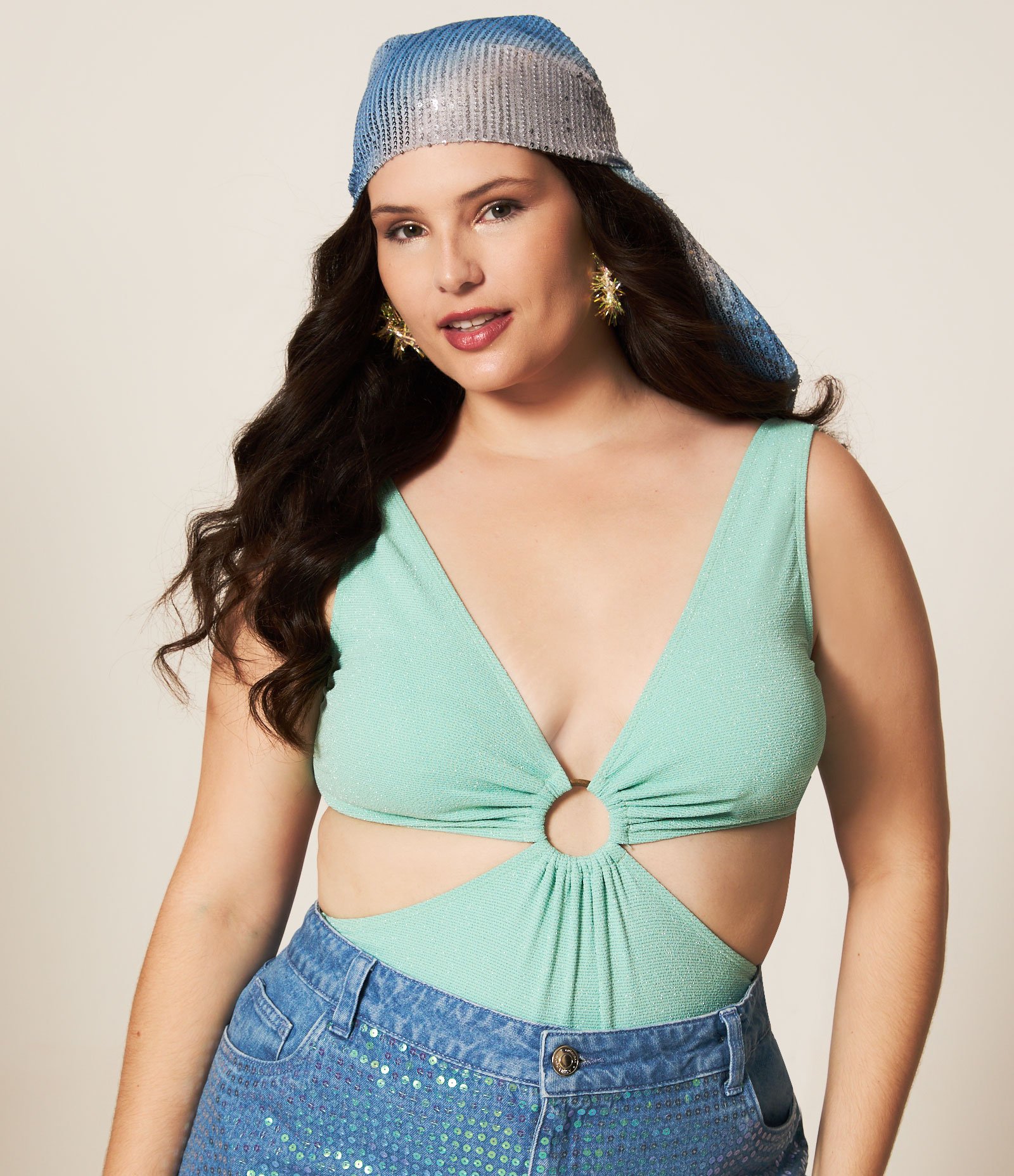 Maiô em Poliamida com Fio Metalizado e Aro Curve & Plus Size Verde Turquesa 6