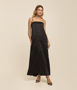 Vestido Midi Acetinado com Renda no Decote