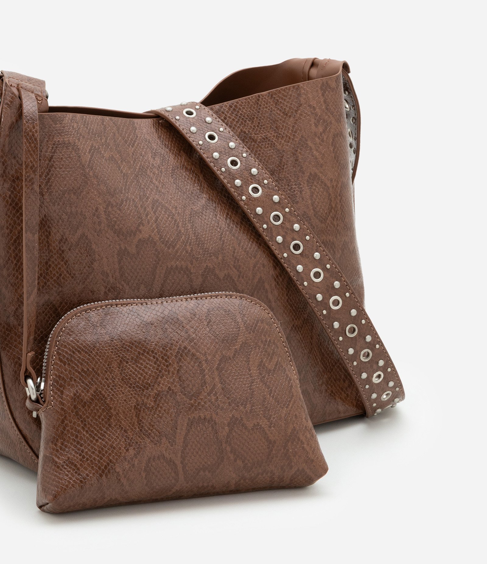 Bolsa Grande em PU com Carteirinha e Estampa Cobra Marrom 7