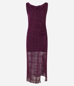 Vestido Longo em Tule Xadrez com Decote Degagê