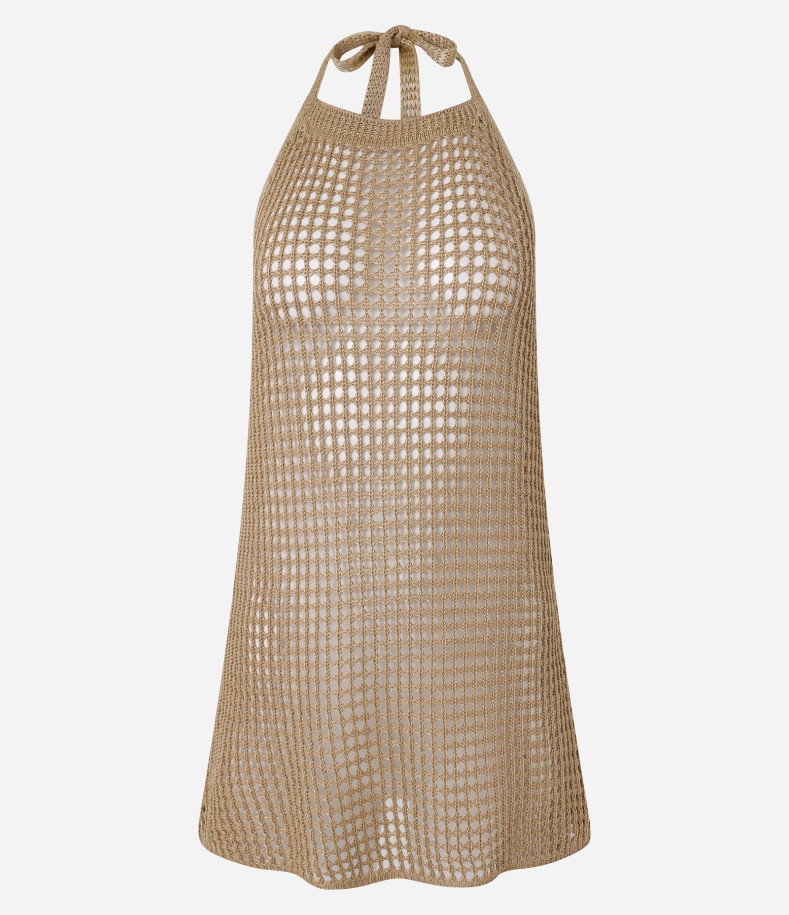 Saída de Praia Vestido de Crochê com Gola Halter e Amarração no Pescoço Bege 4