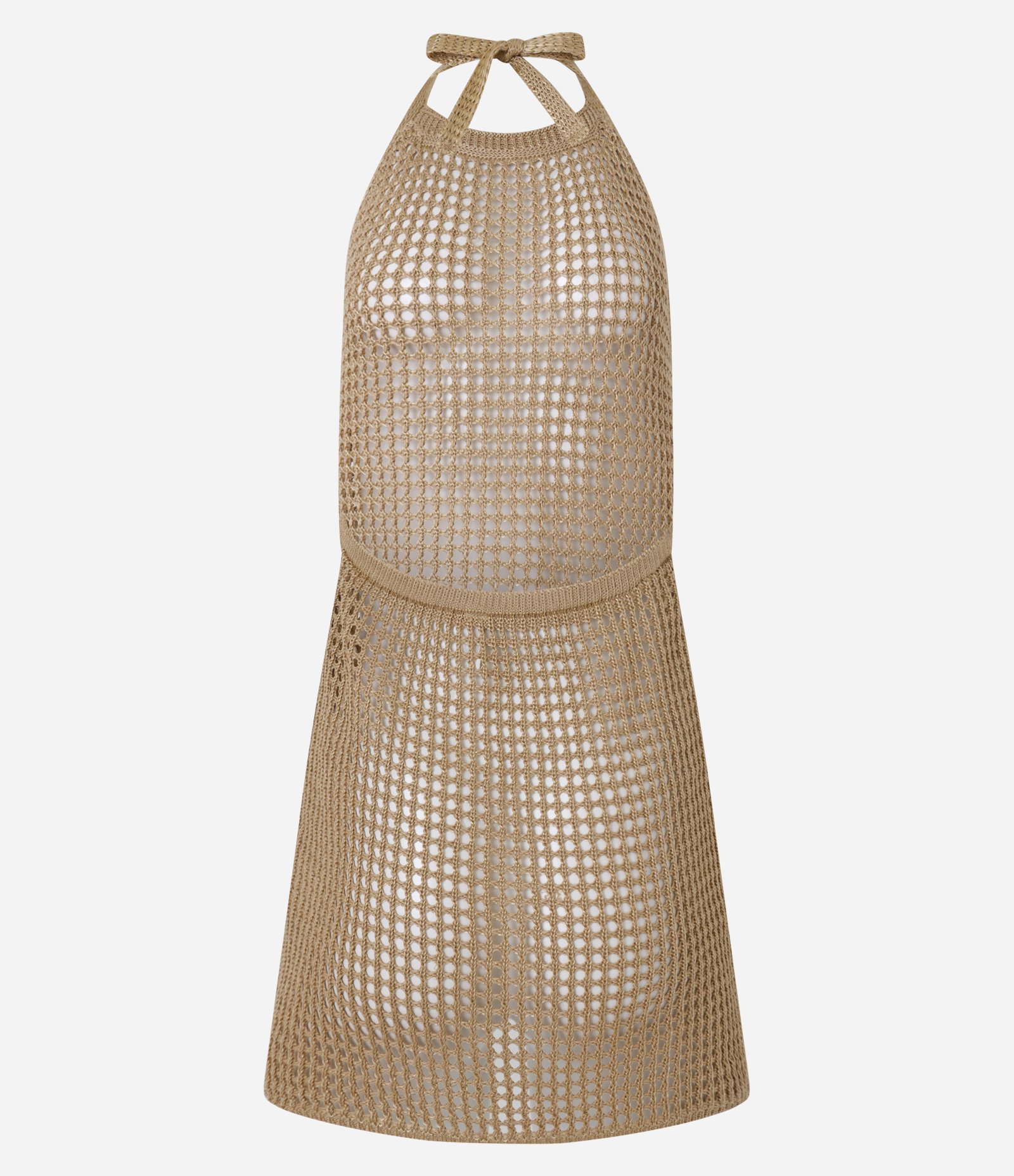 Saída de Praia Vestido de Crochê com Gola Halter e Amarração no Pescoço Bege 6