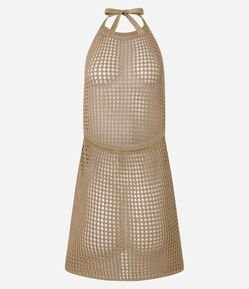 Saída de Praia Vestido de Crochê com Gola Halter e Amarração no Pescoço