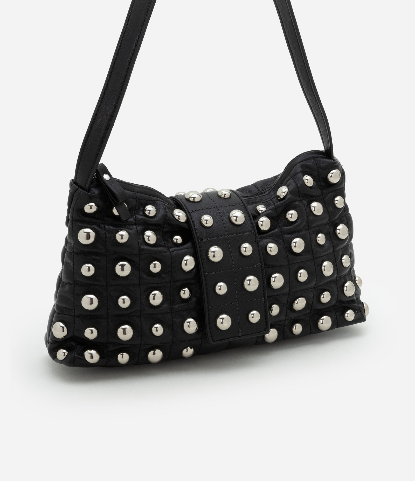 Bolsa Baguete Média em PU com Lapela Frontal e Aplicação de Studs Frontais Preto 1