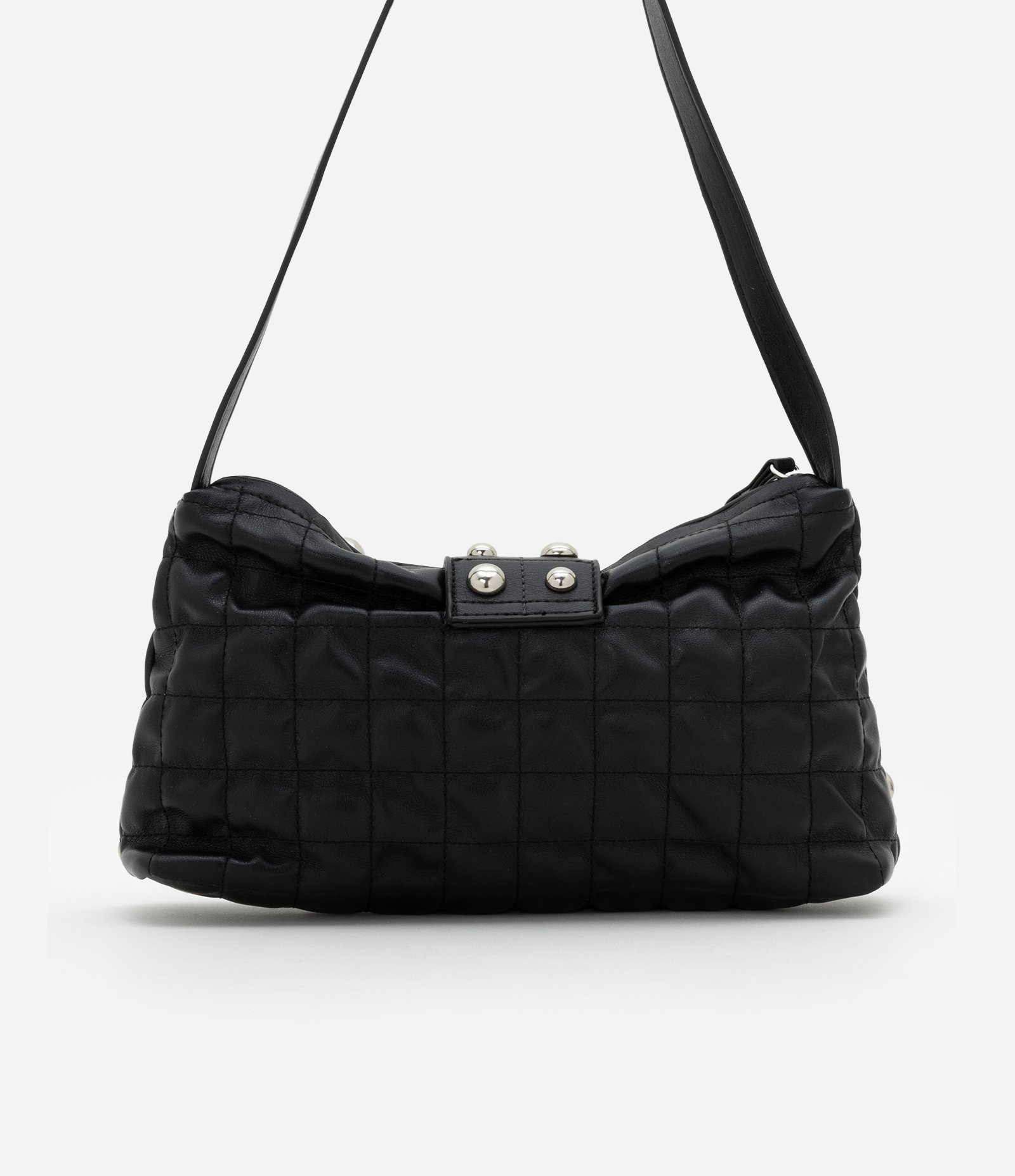 Bolsa Baguete Média em PU com Lapela Frontal e Aplicação de Studs Frontais Preto 3