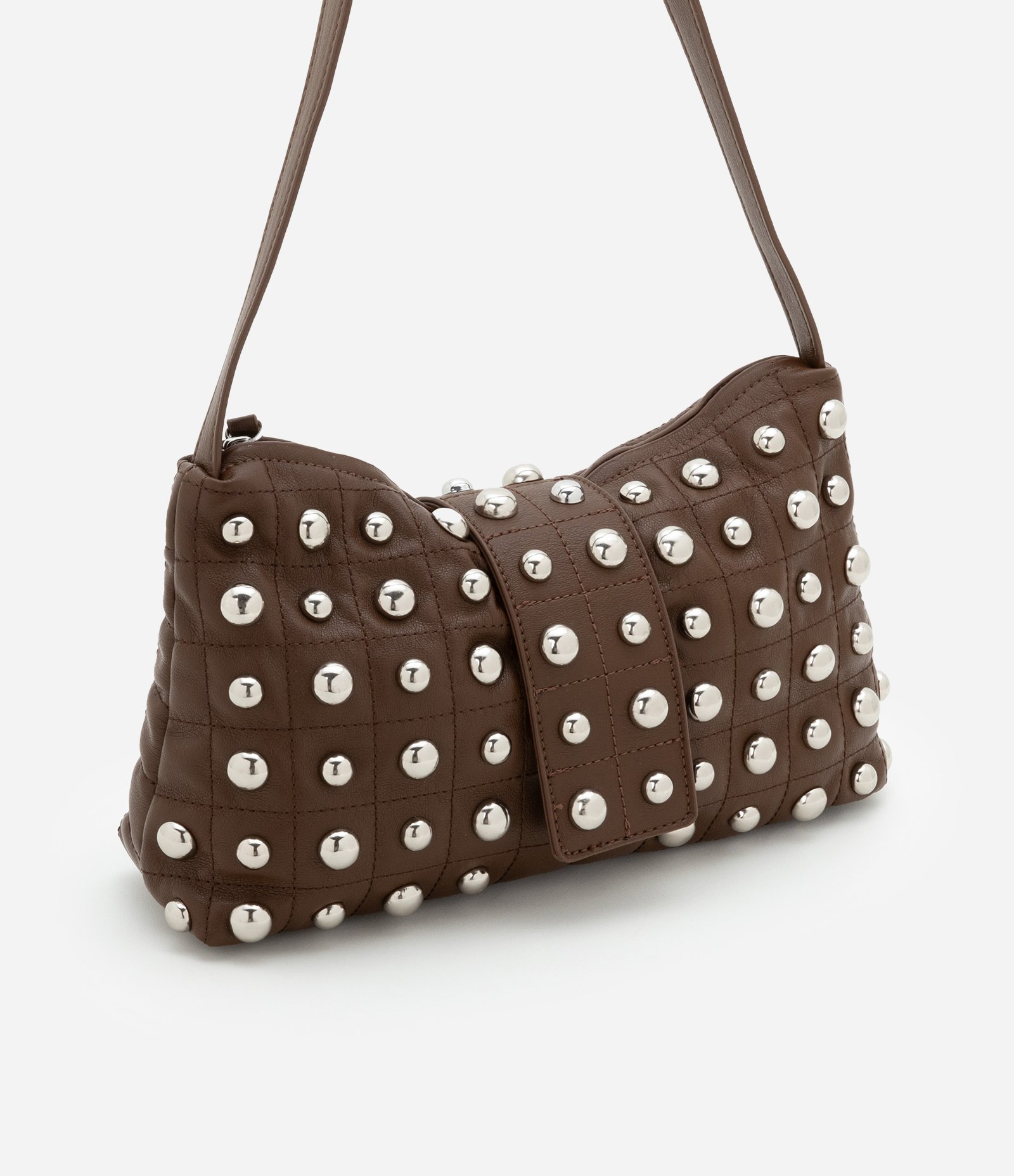 Bolsa Baguete Média em PU com Lapela Frontal e Aplicação de Studs Frontais Marrom 2