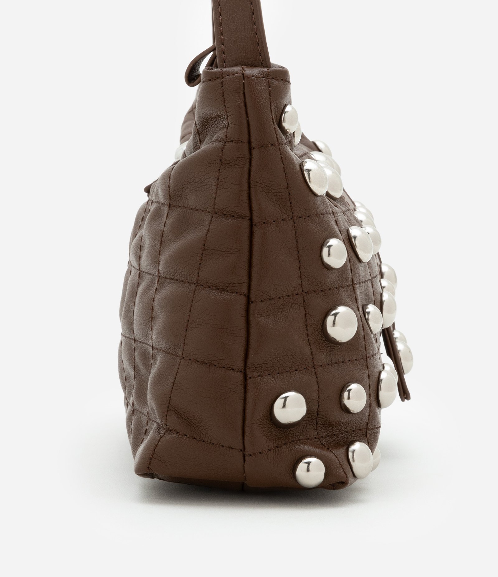 Bolsa Baguete Média em PU com Lapela Frontal e Aplicação de Studs Frontais Marrom 3
