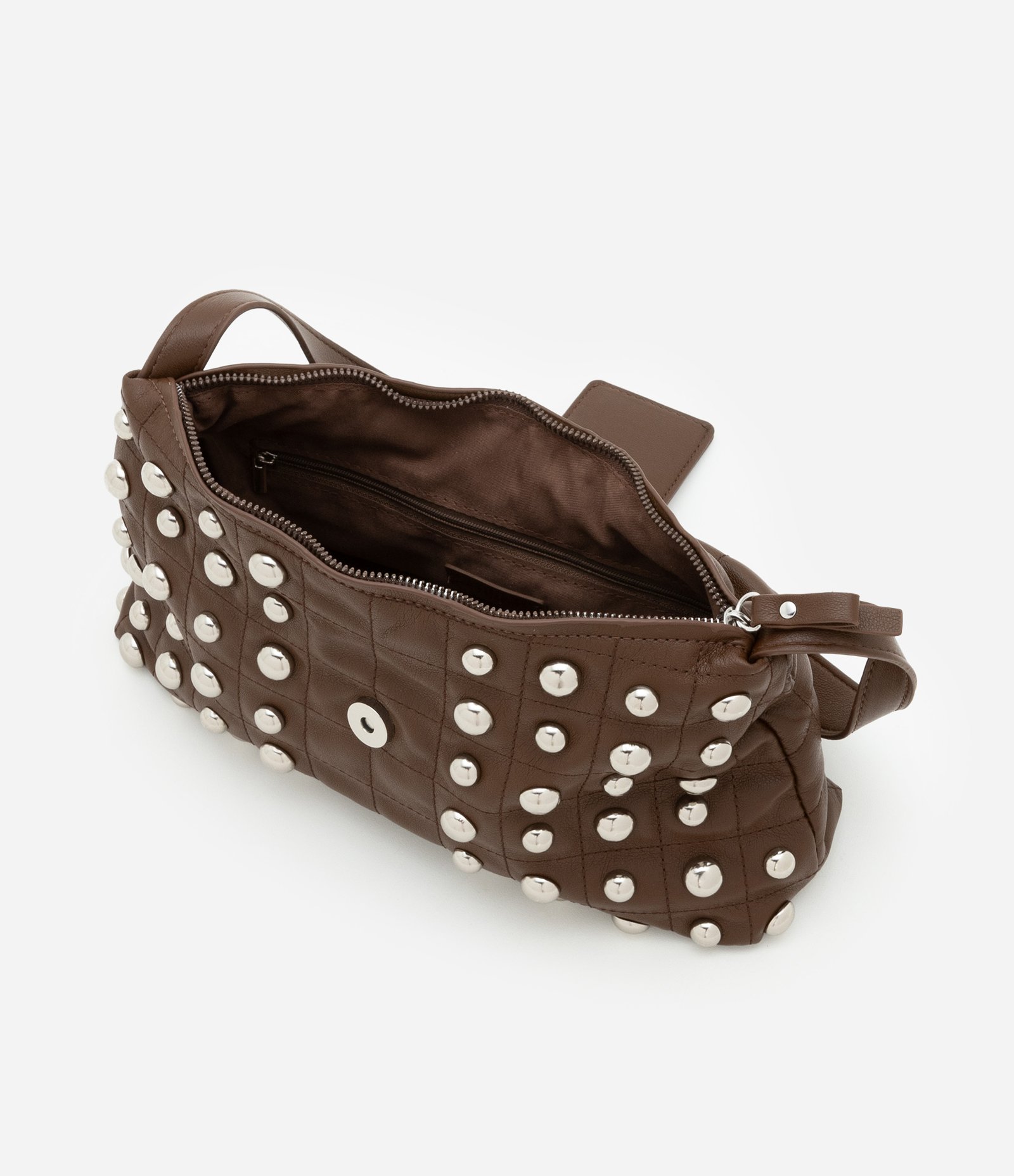 Bolsa Baguete Média em PU com Lapela Frontal e Aplicação de Studs Frontais Marrom 5