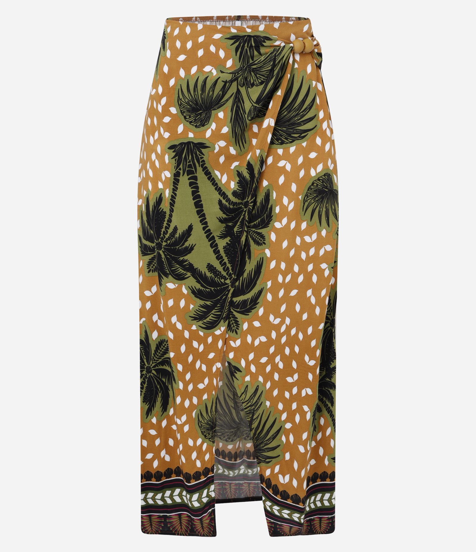Saída de Praia Saia em Viscose com Estampa de Coqueiros e Aviamentos Laranja/Verde 5