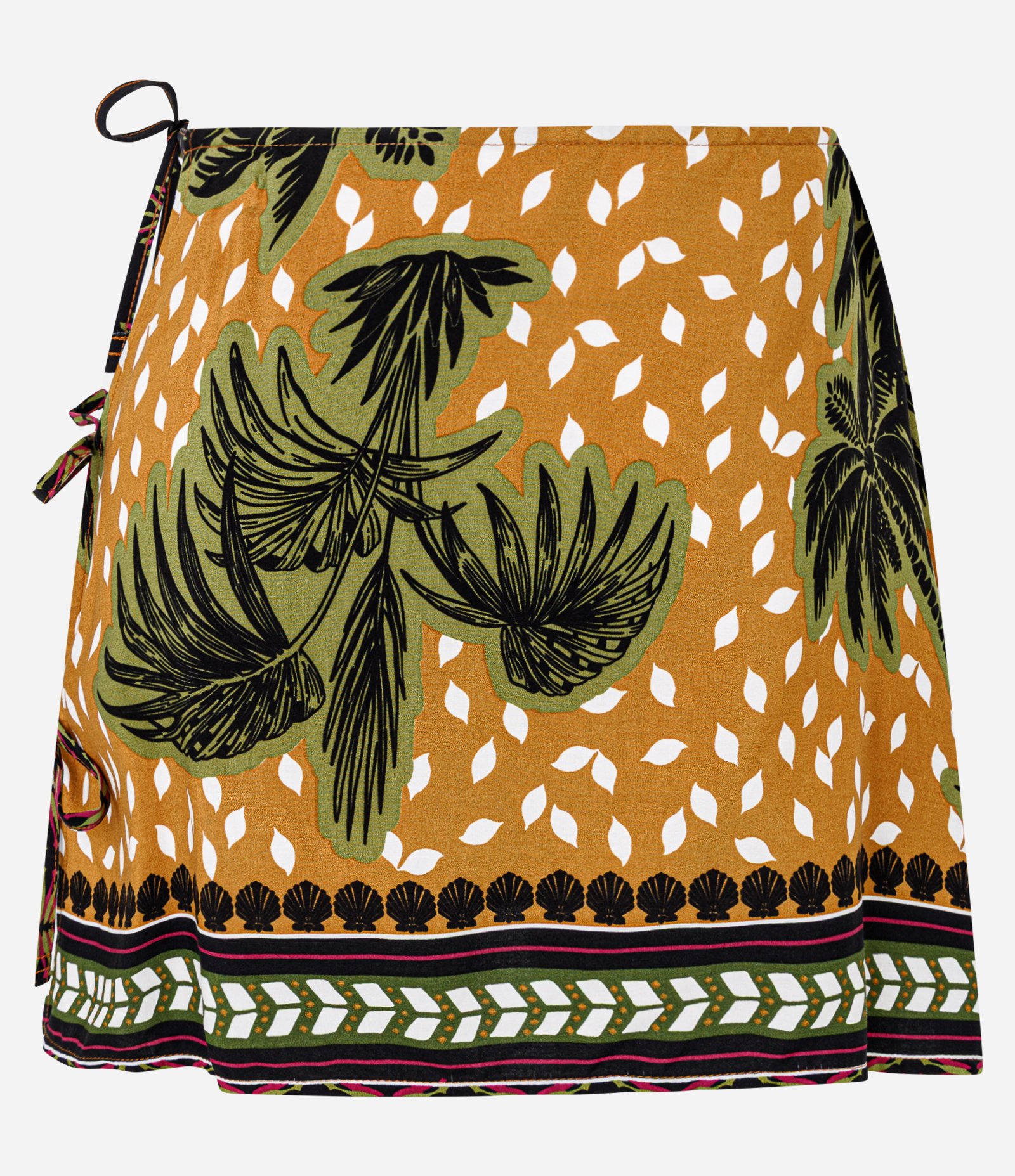 Saída de Praia Saia em Viscose Estampada de Coqueiros com Amarração Laranja/Verde 6