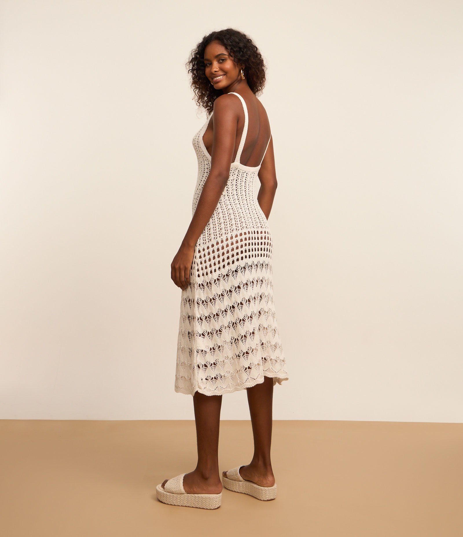 Saída de Praia Vestido Efeito Crochê Off White 3