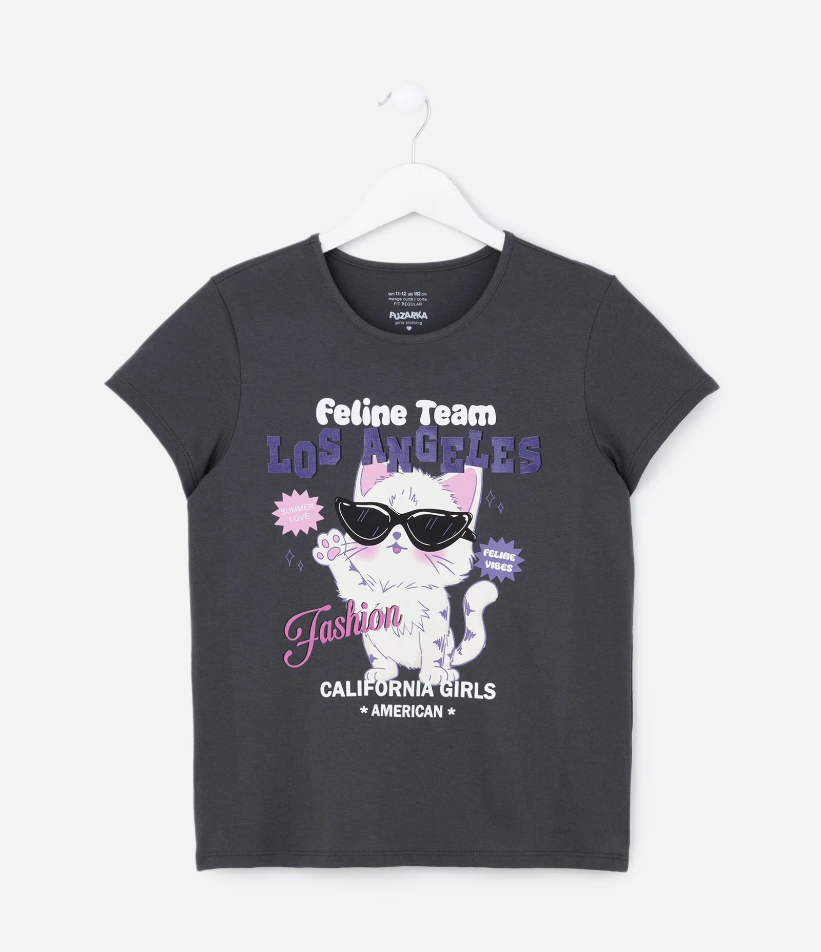 Camiseta Infantil com Estampa Gatinho de Óculos - Tam 5 a 14 Anos Cinza 1