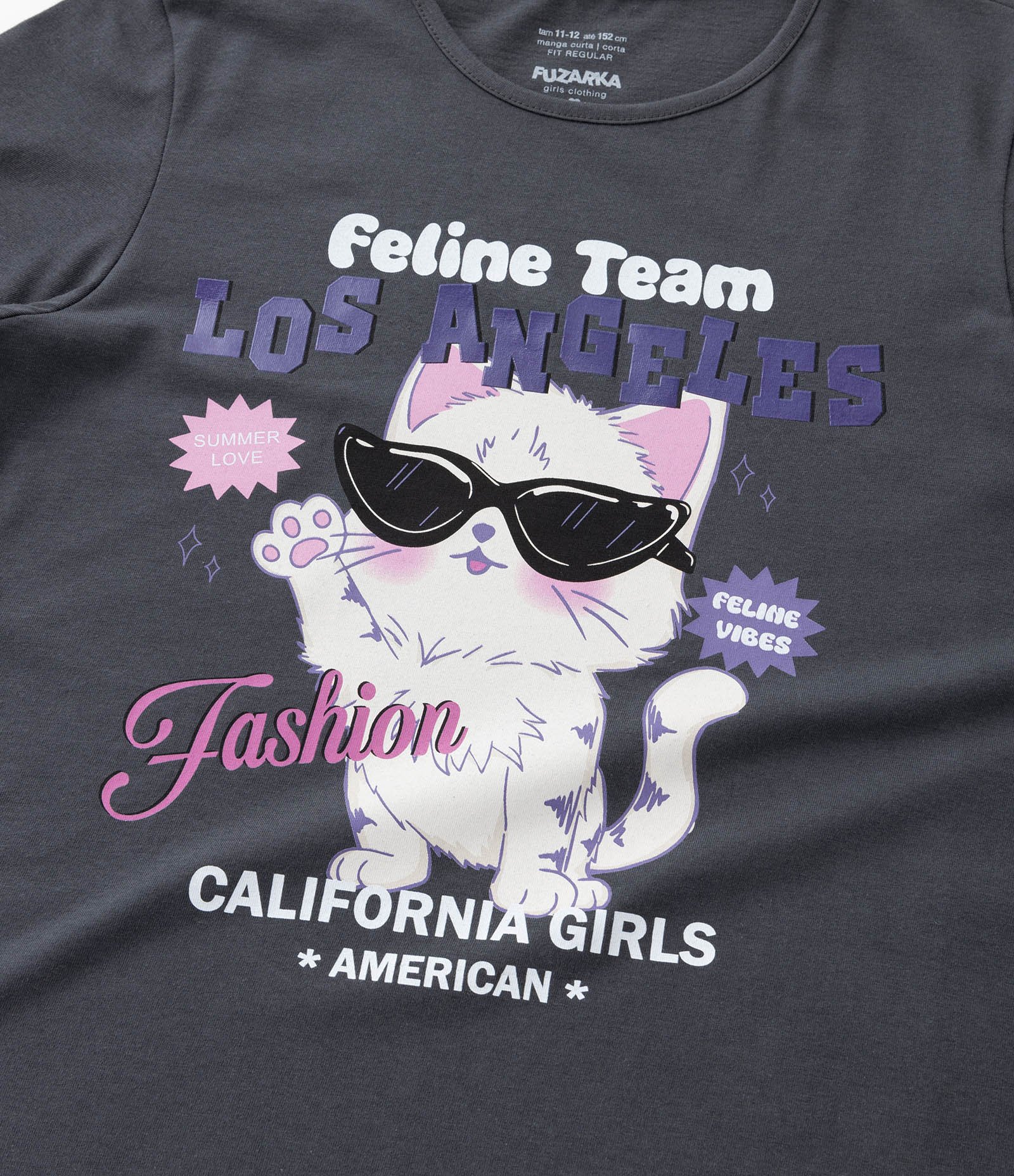 Camiseta Infantil com Estampa Gatinho de Óculos - Tam 5 a 14 Anos Cinza 4