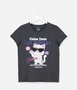 Camiseta Infantil com Estampa Gatinho de Óculos - Tam 5 a 14 Anos