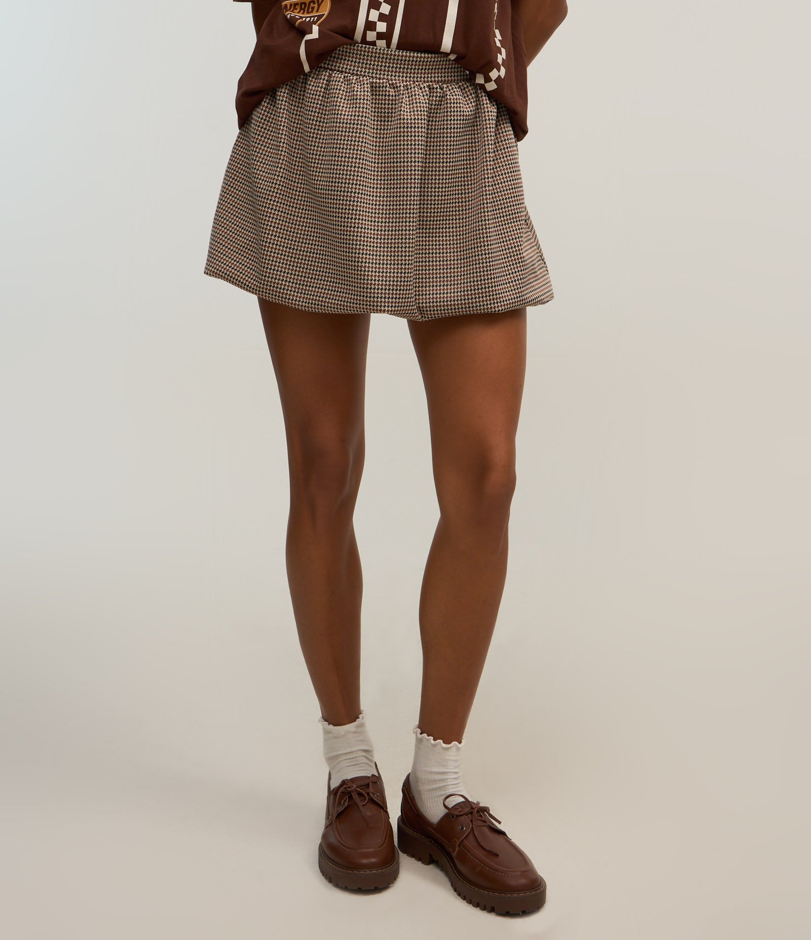 Saia Balonê em Jacquard Estampa Xadrez Pied de Poule Marrom 6