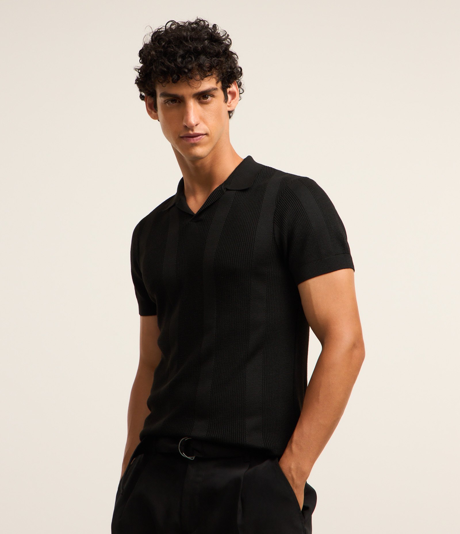 Camisa Polo em Tricô com Efeito de Listras Preto 1