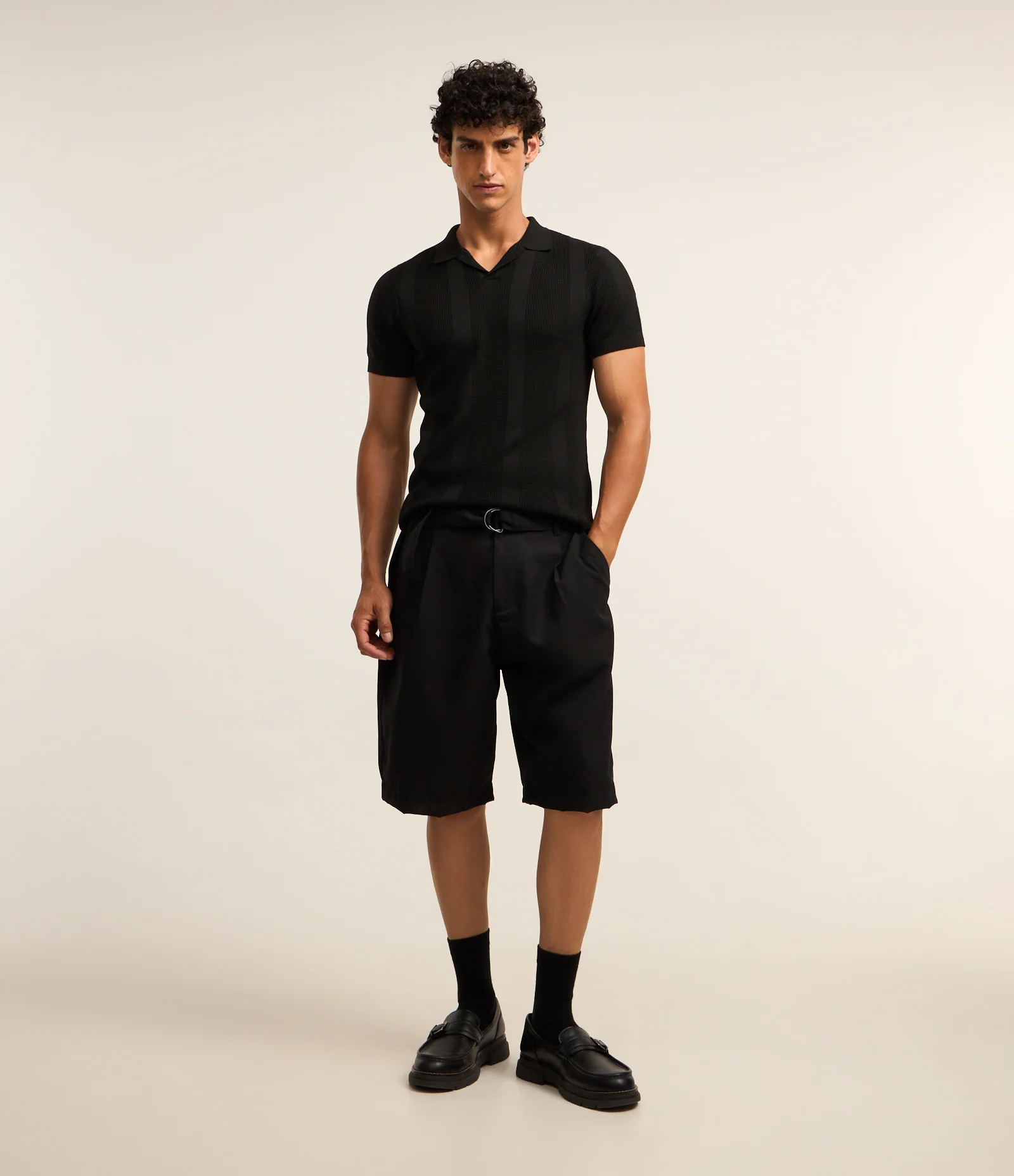 Camisa Polo em Tricô com Efeito de Listras Preto 2