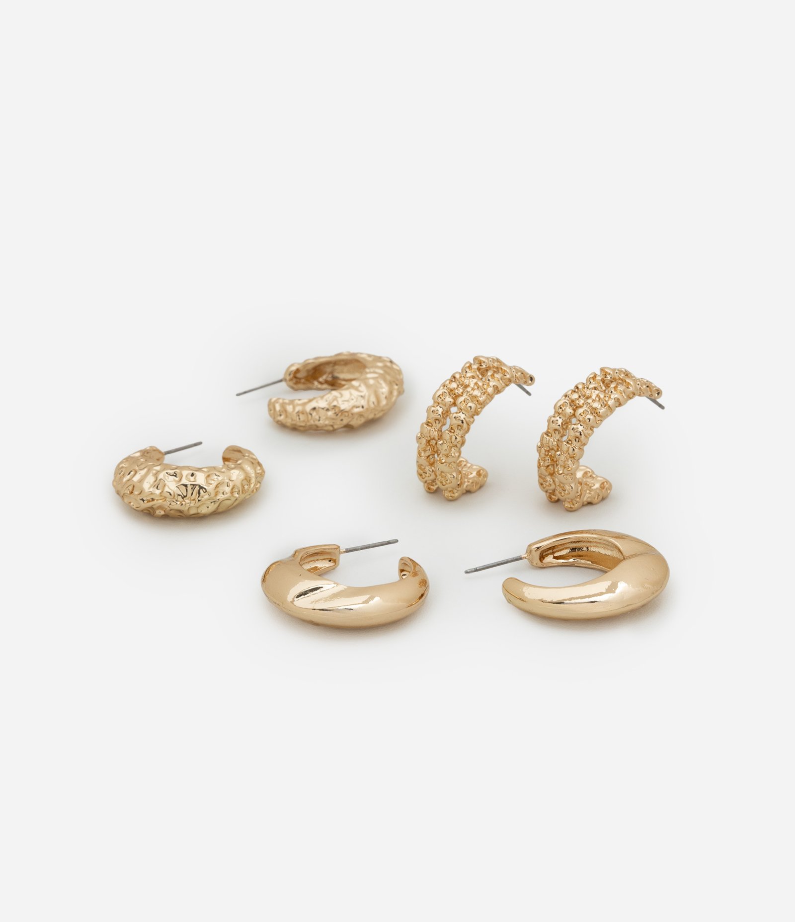 Kit 03 Argolas com Texturas Variadas Dourado 2