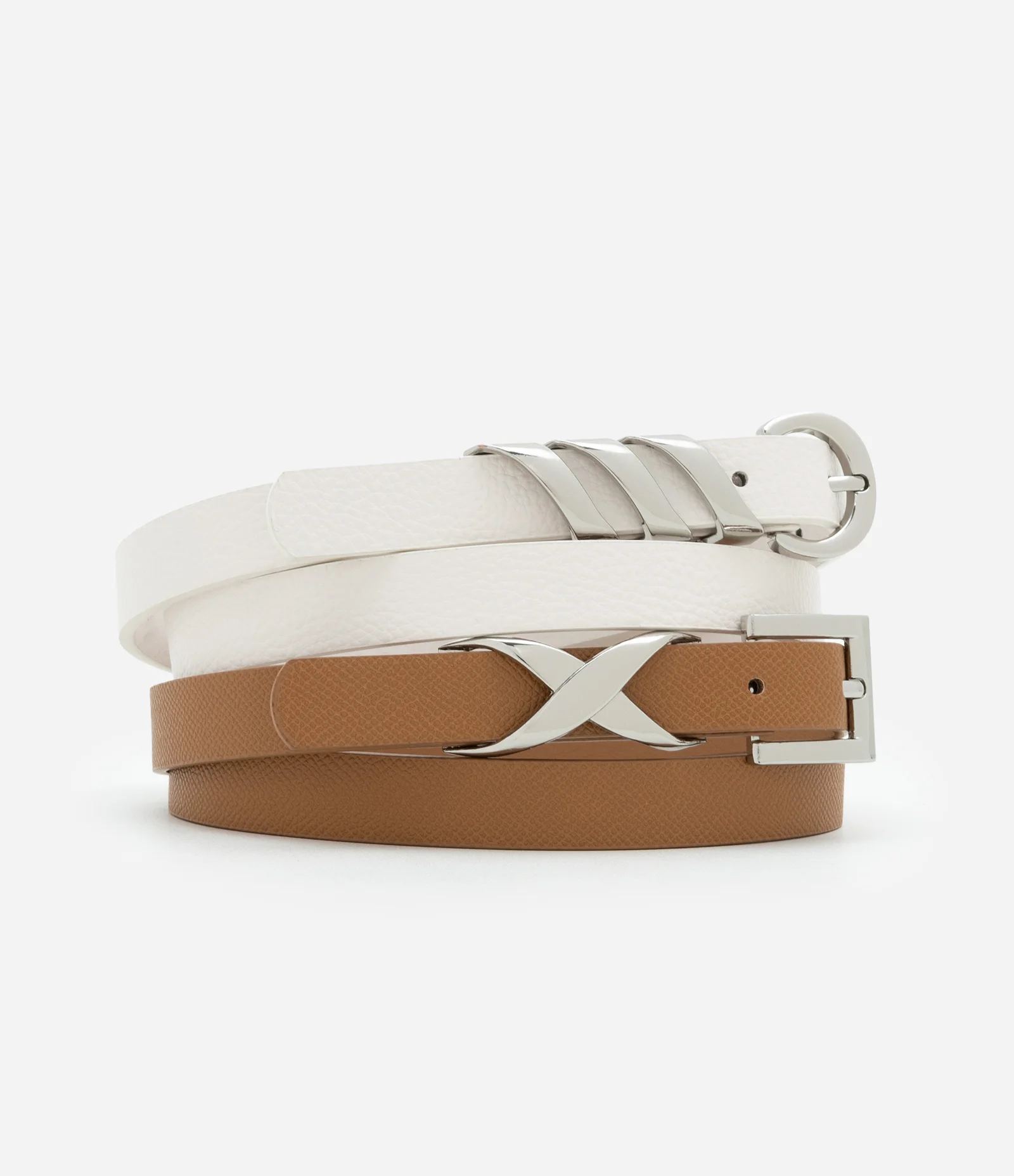 Kit 02 Cintos Médios com Texturas e Detalhes Diversos Marrom/Branco 1