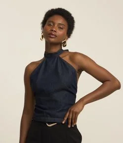 Blusa em Jeans com Gola Alta e Amarração no Pescoço