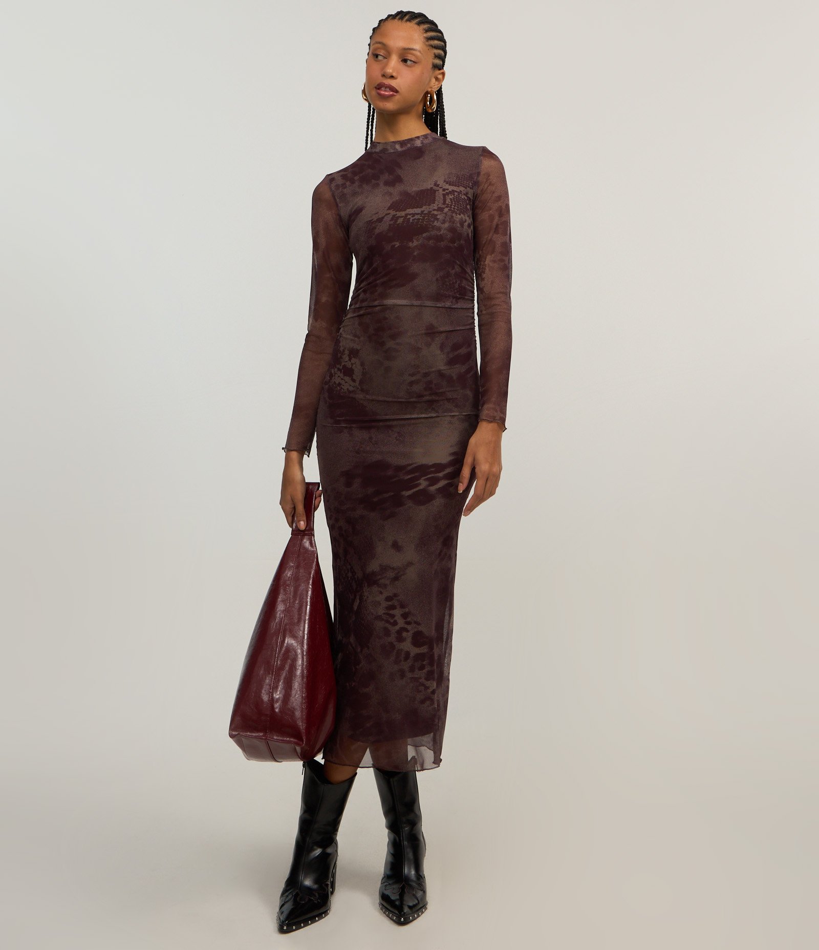 Vestido em Tule com Estampa Abstrata e Manga Longa Cinza 3